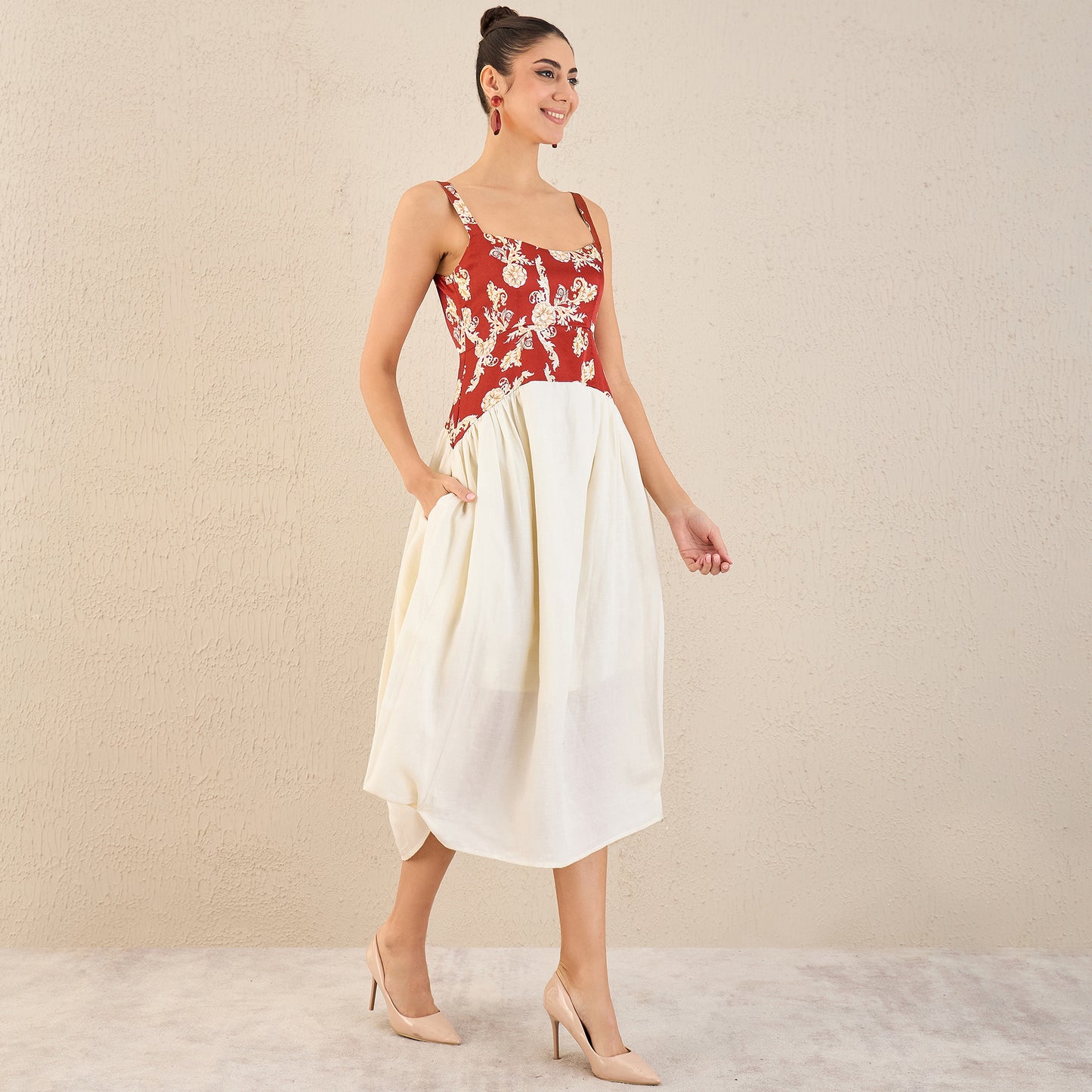 Off-White and Red Baroque Print Linen Midi Dress