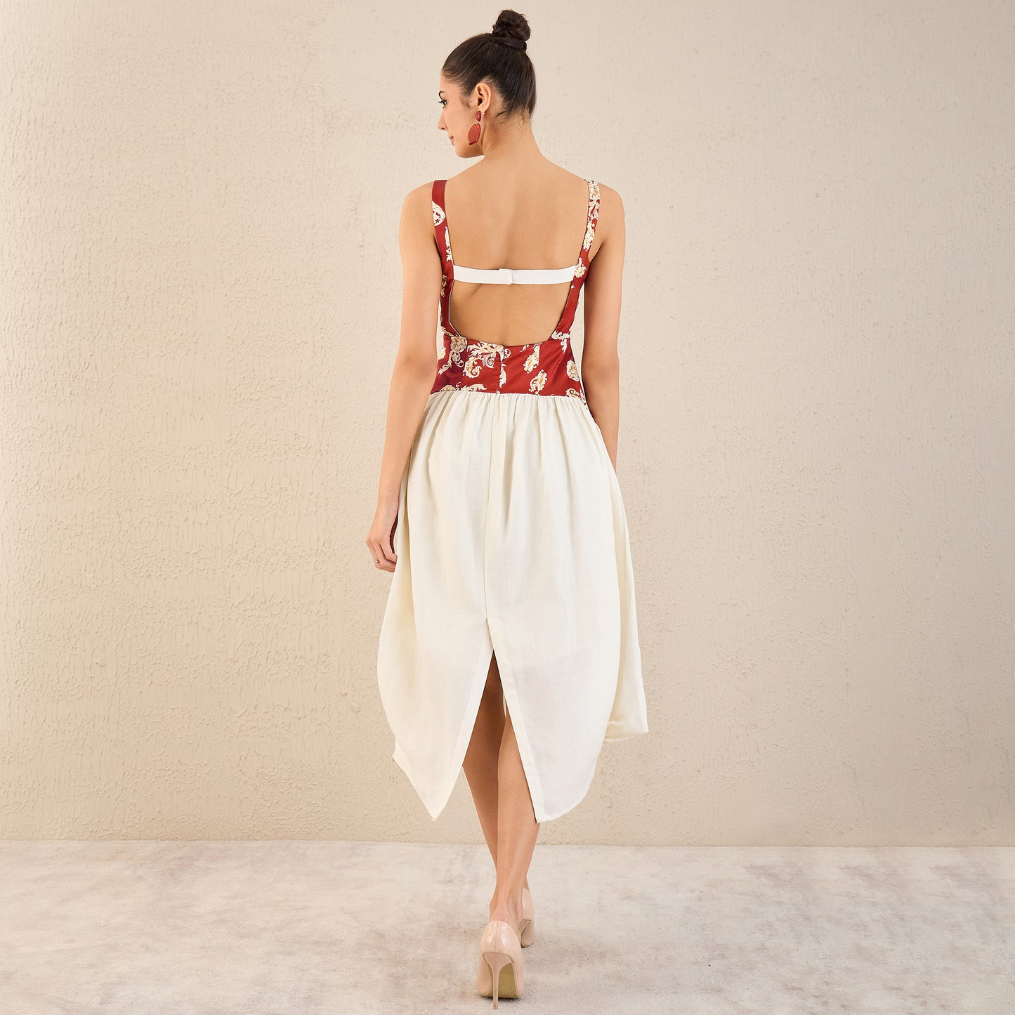 Off-White and Red Baroque Print Linen Midi Dress