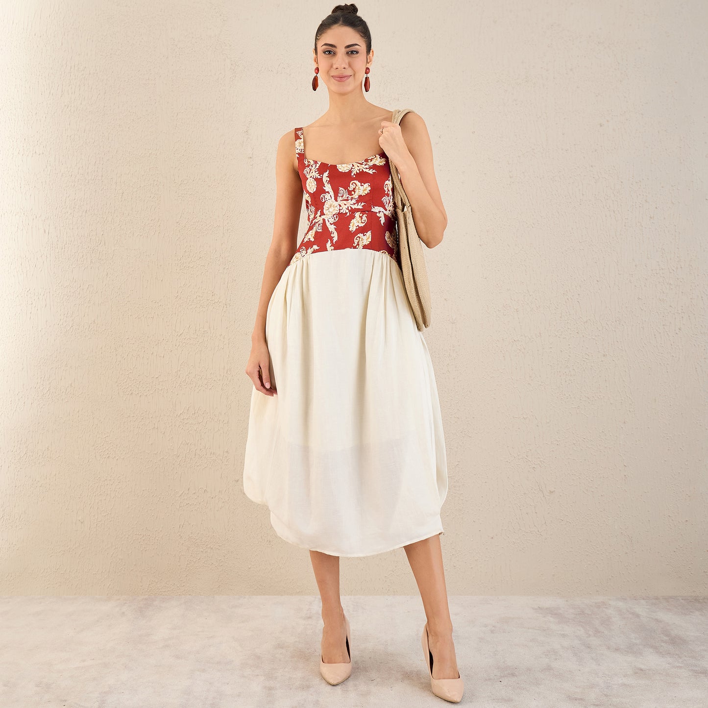 Off-White and Red Baroque Print Linen Midi Dress