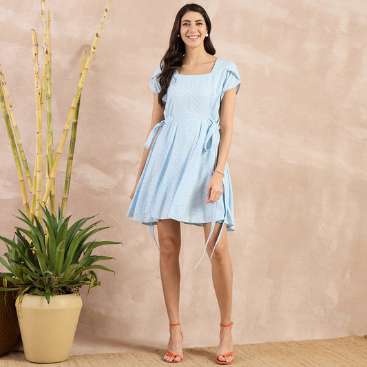 Sky Blue Herringbone Side Strap Short Dress