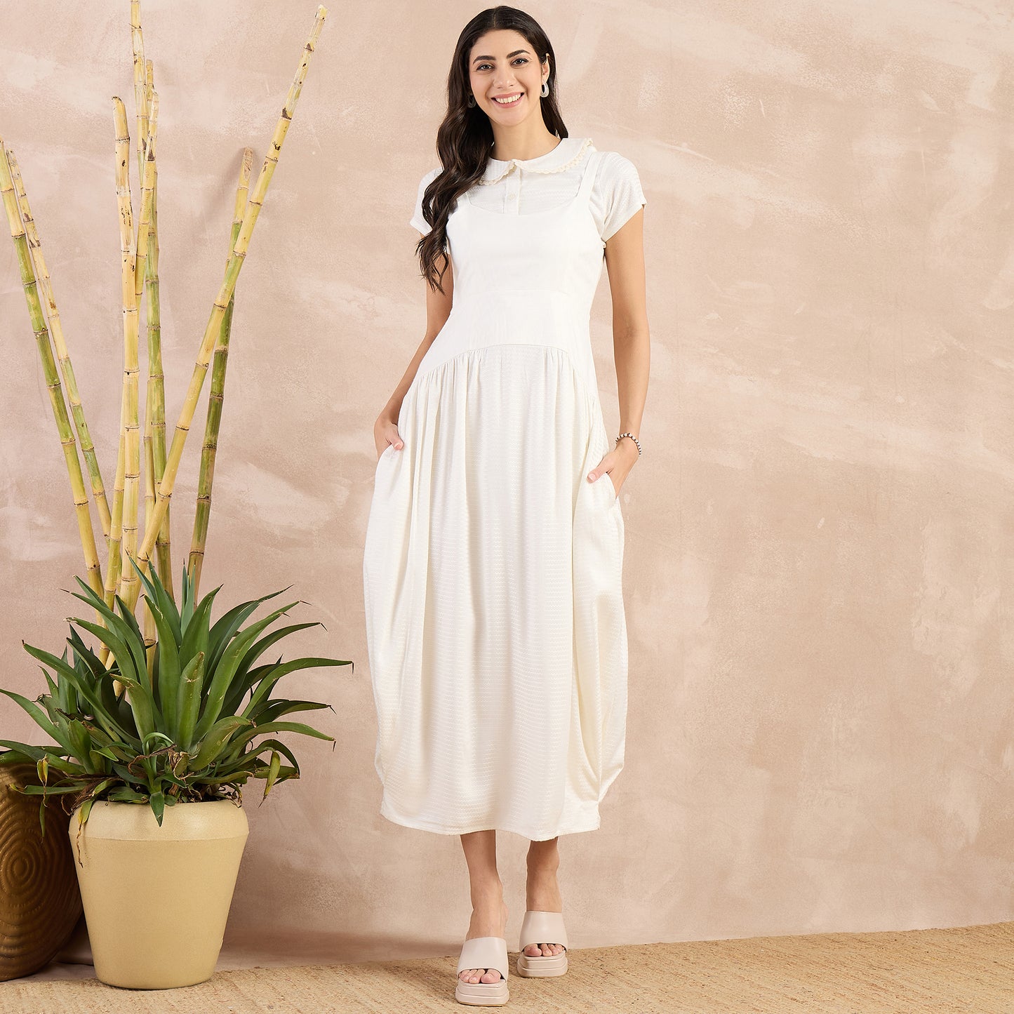 Off-White Herringbone Mid Length Dress and Crop Shirt Set