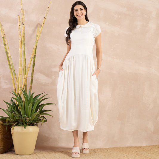 Off-White Herringbone Mid Length Dress and Crop Shirt Set