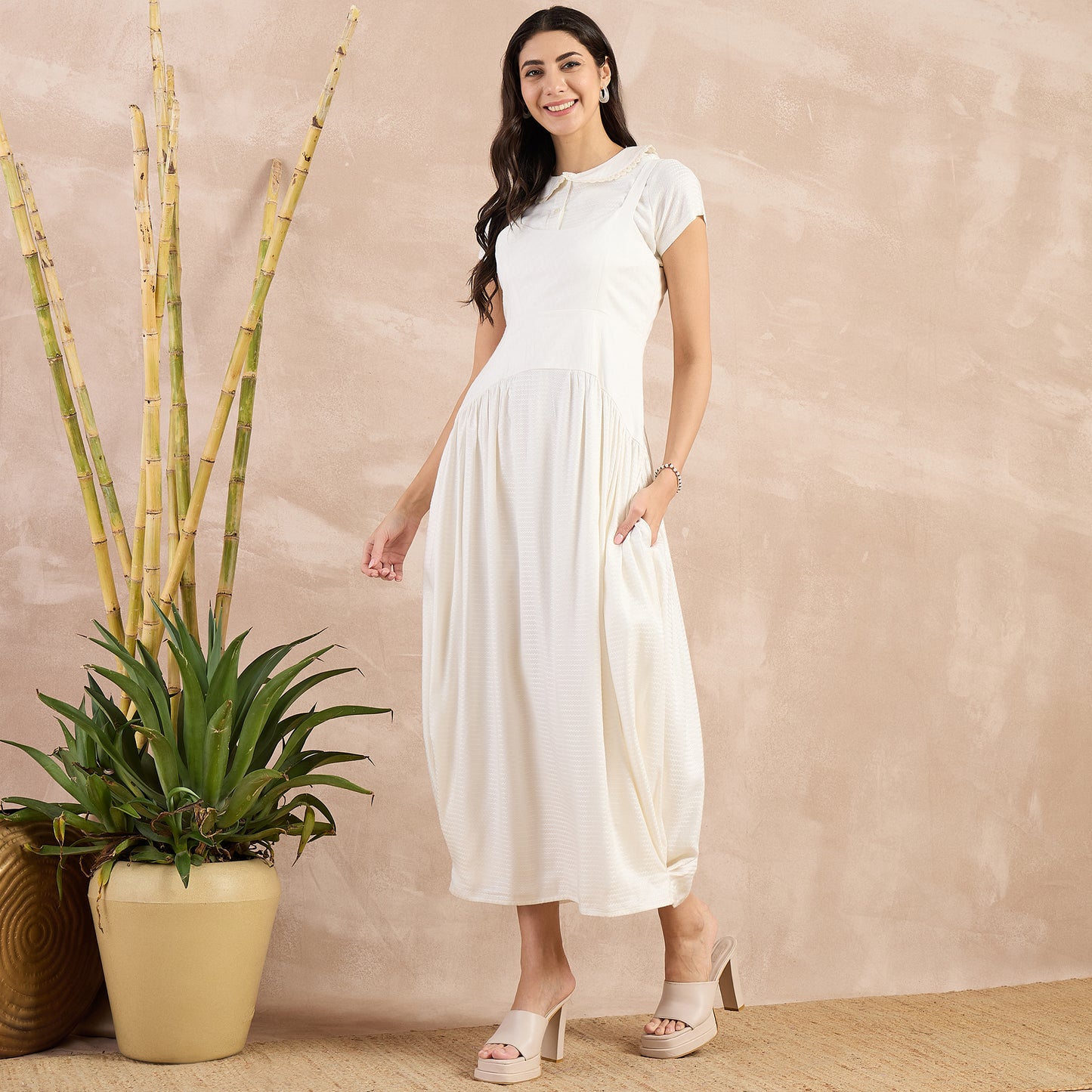 Off-White Herringbone Mid Length Dress and Crop Shirt Set