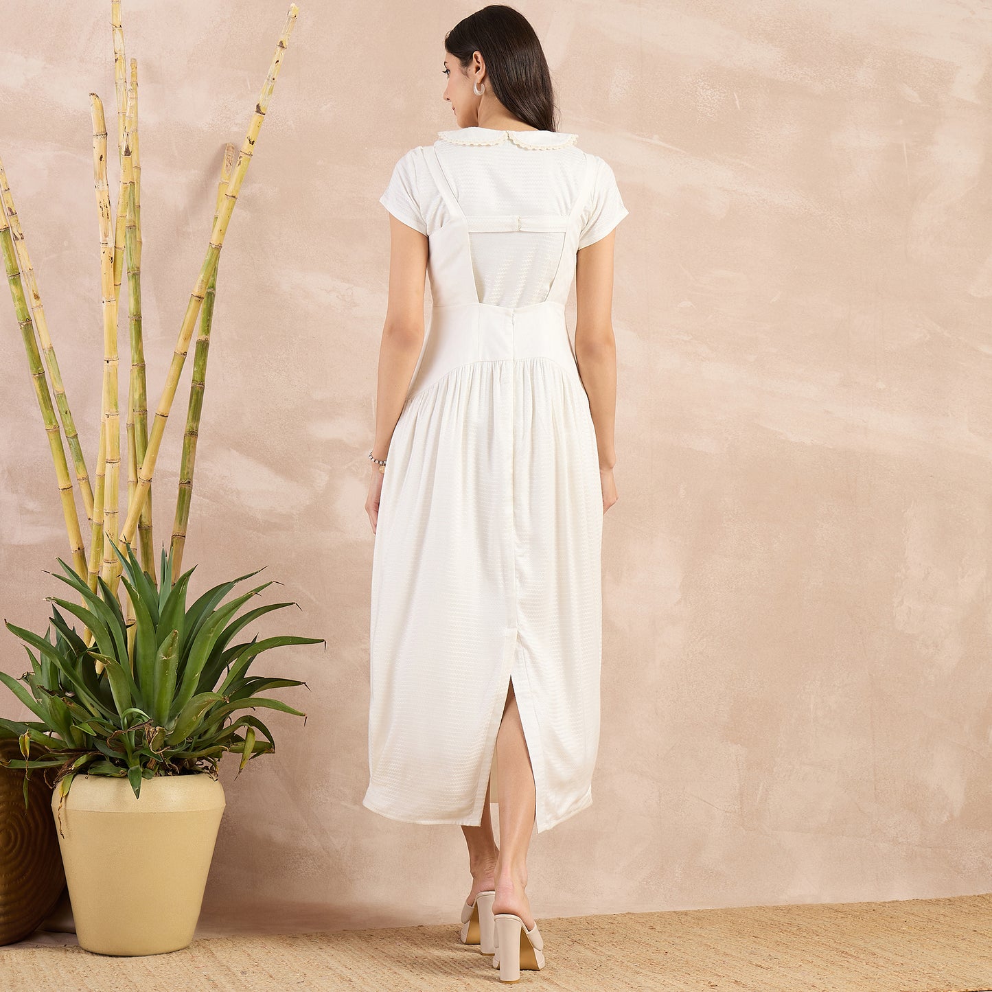 Off-White Herringbone Mid Length Dress and Crop Shirt Set