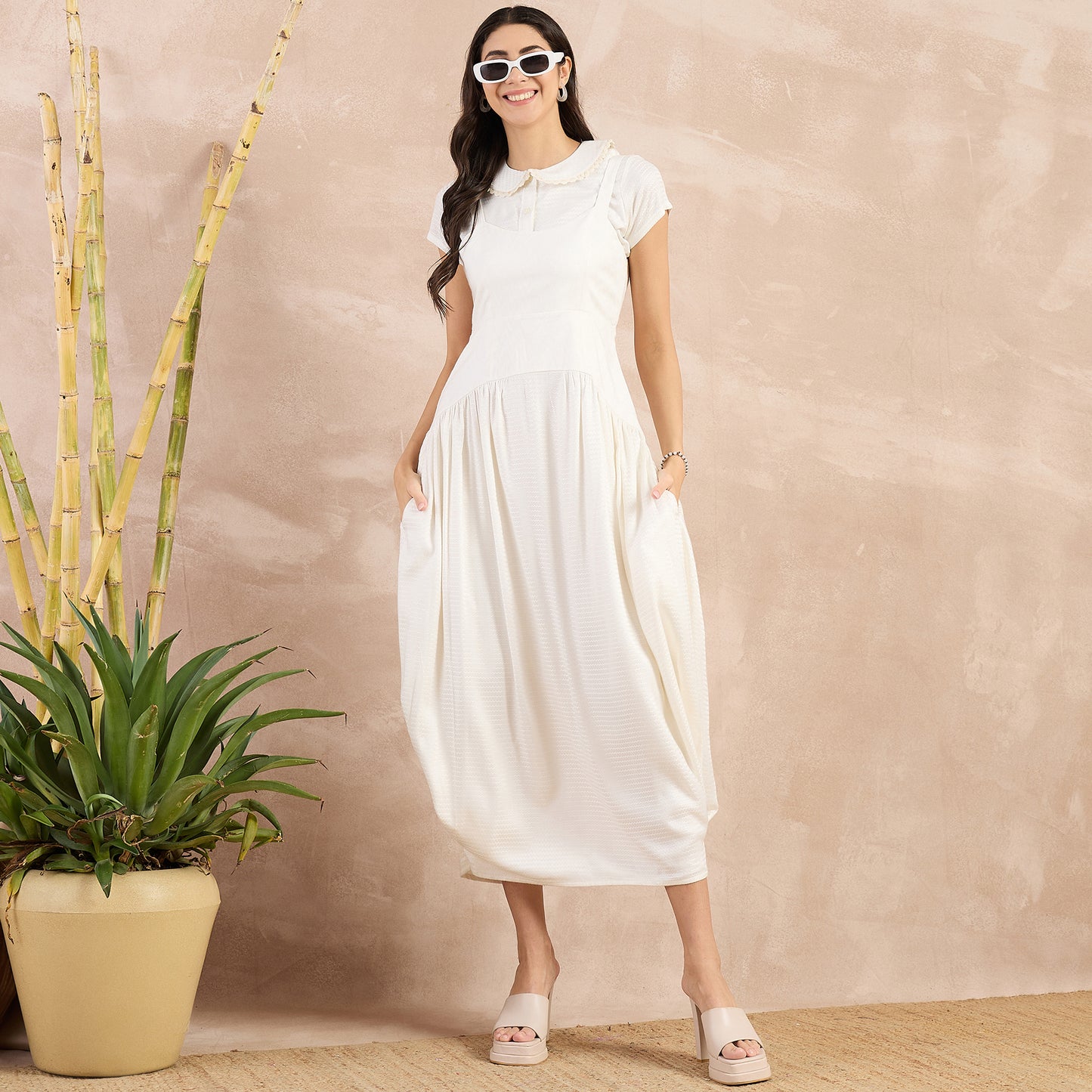 Off-White Herringbone Mid Length Dress and Crop Shirt Set