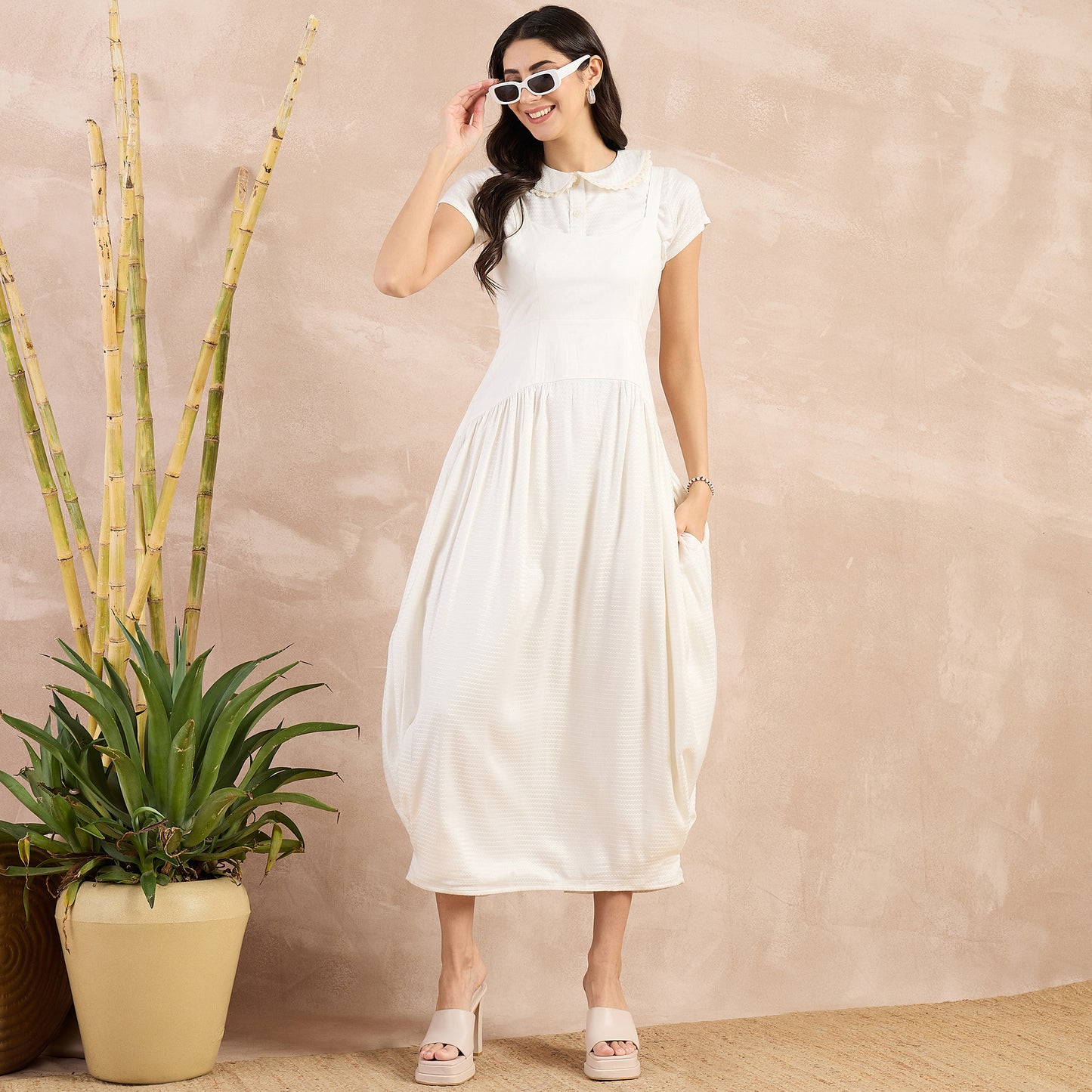 Off-White Herringbone Mid Length Dress and Crop Shirt Set