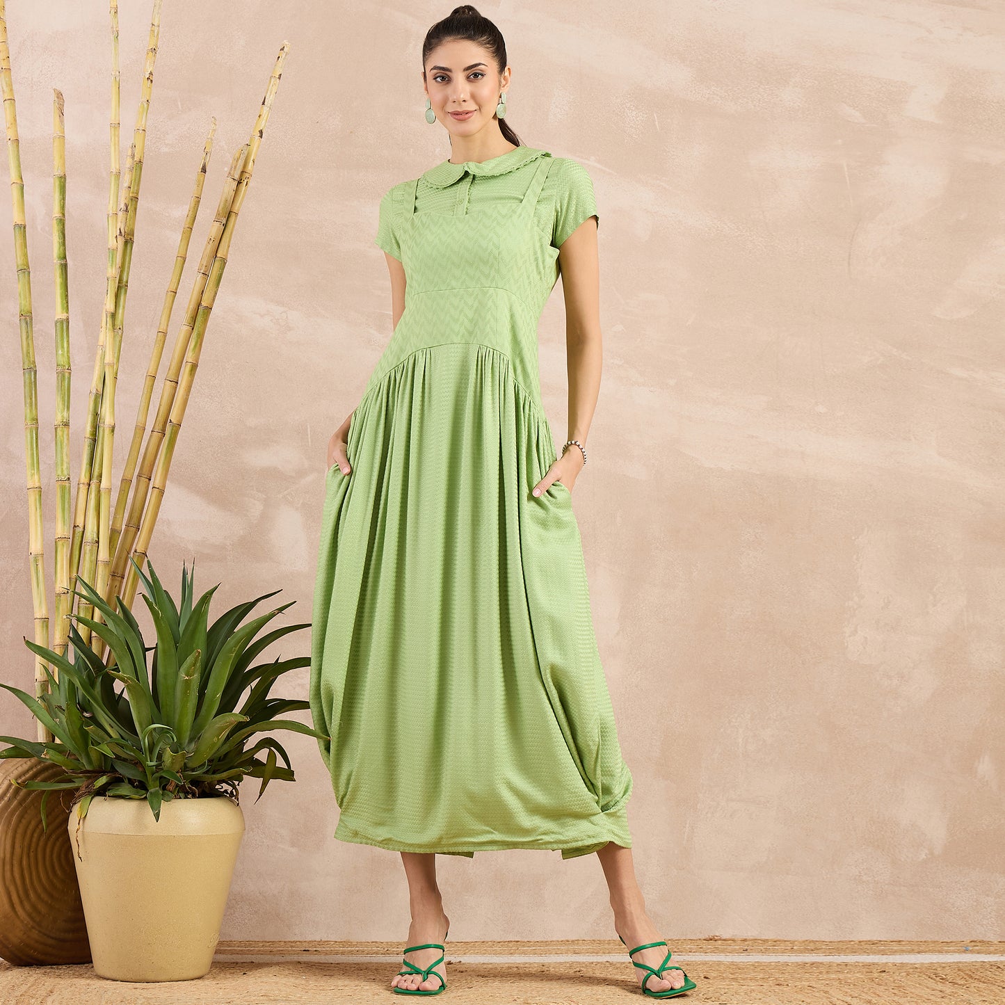 Pastel Green Herringbone Mid Length Dress and Crop Shirt Set