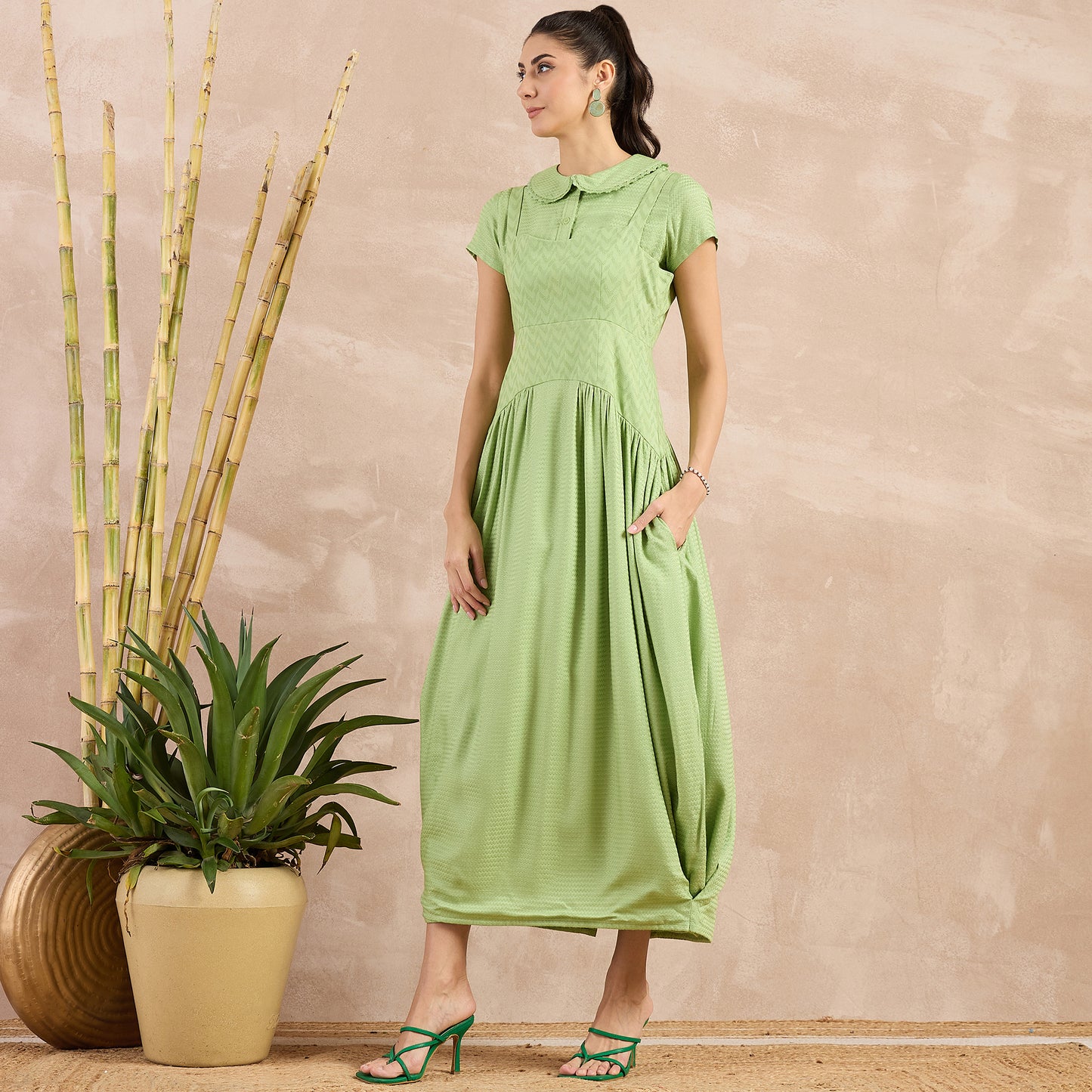 Pastel Green Herringbone Mid Length Dress and Crop Shirt Set