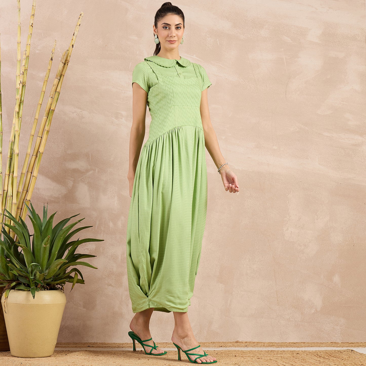 Pastel Green Herringbone Mid Length Dress and Crop Shirt Set