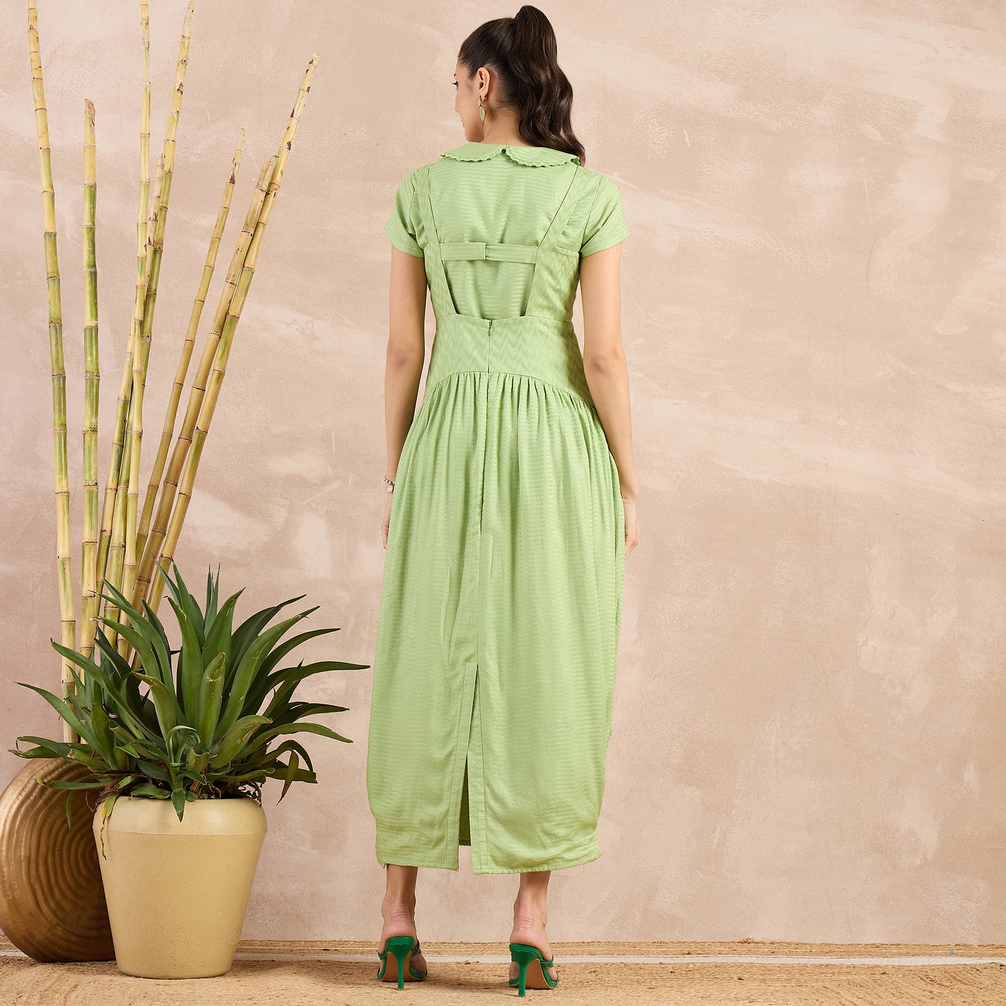 Pastel Green Herringbone Mid Length Dress and Crop Shirt Set