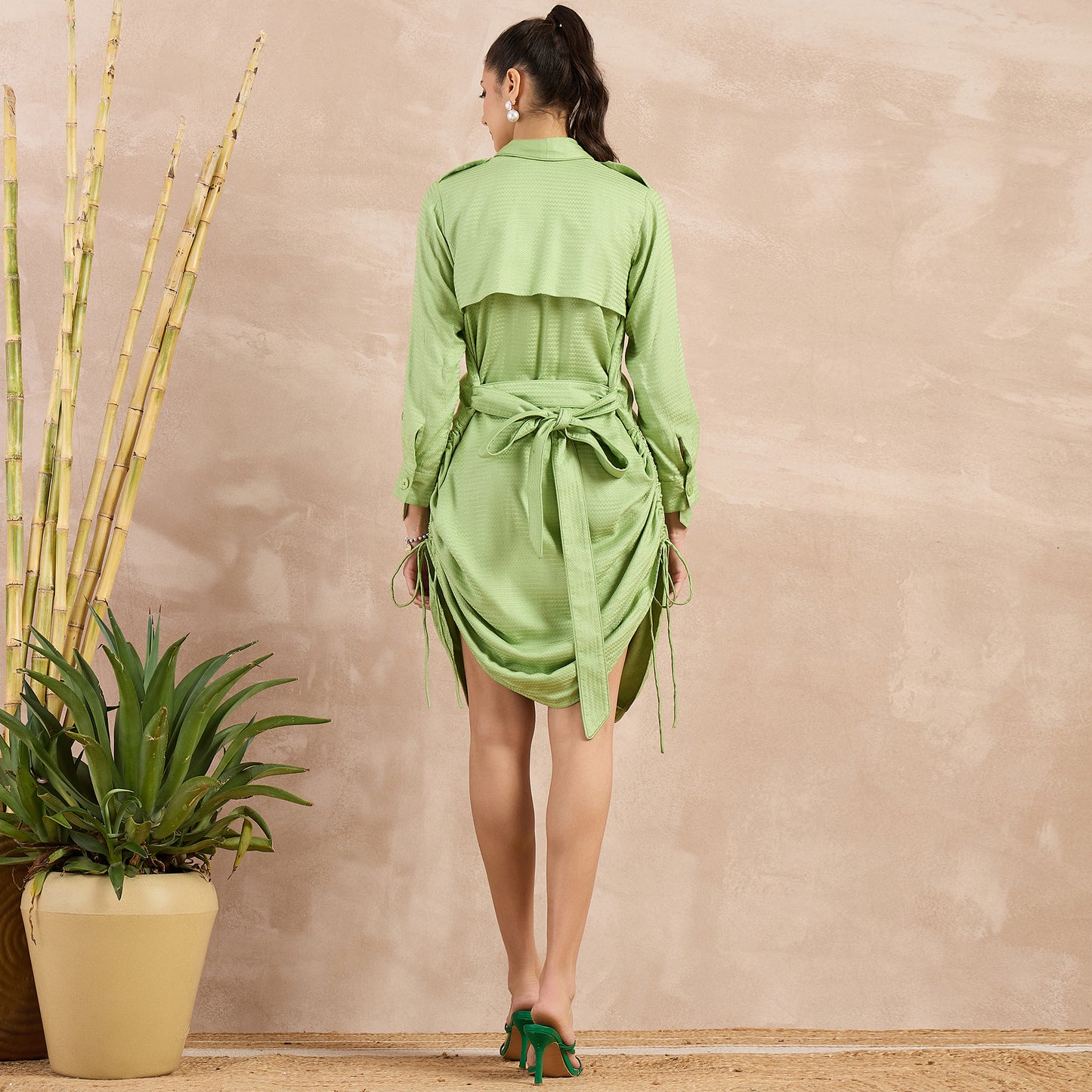 Pastel Green Herringbone Shawl Collar Trench Dress with Belt