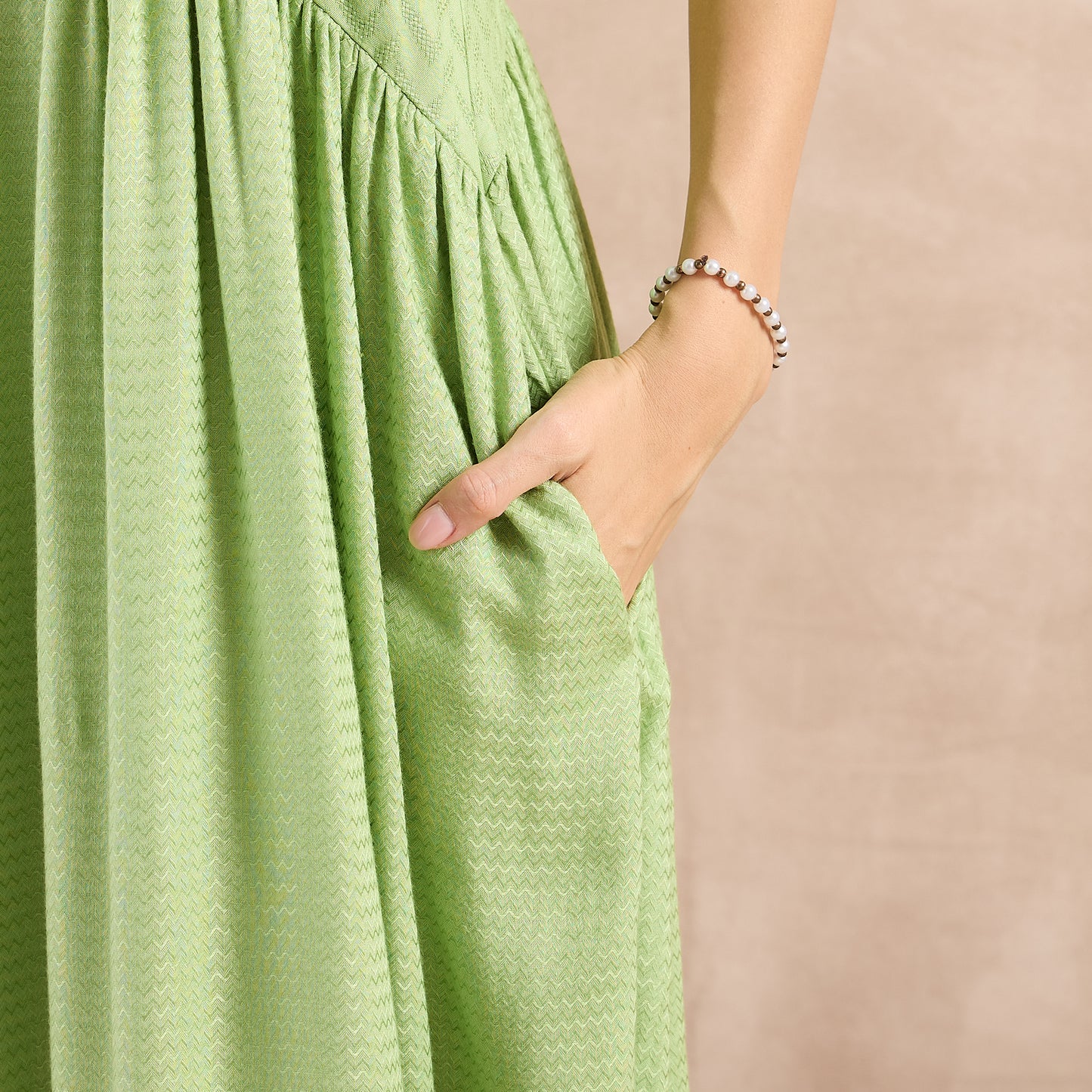 Pastel Green Herringbone Mid Length Dress and Crop Shirt Set