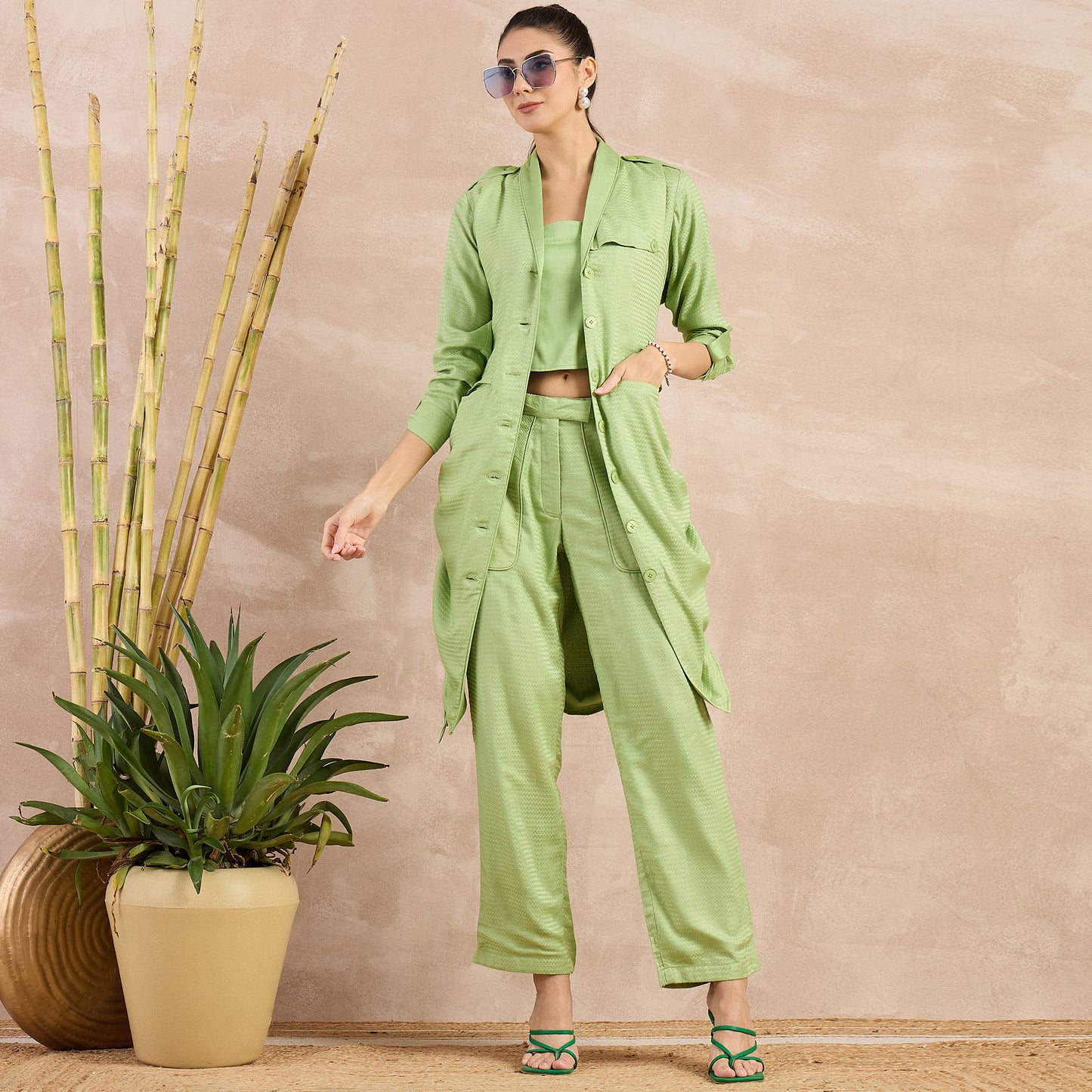 Pastel Green Herringbone Shawl Collar Trench Dress with Belt