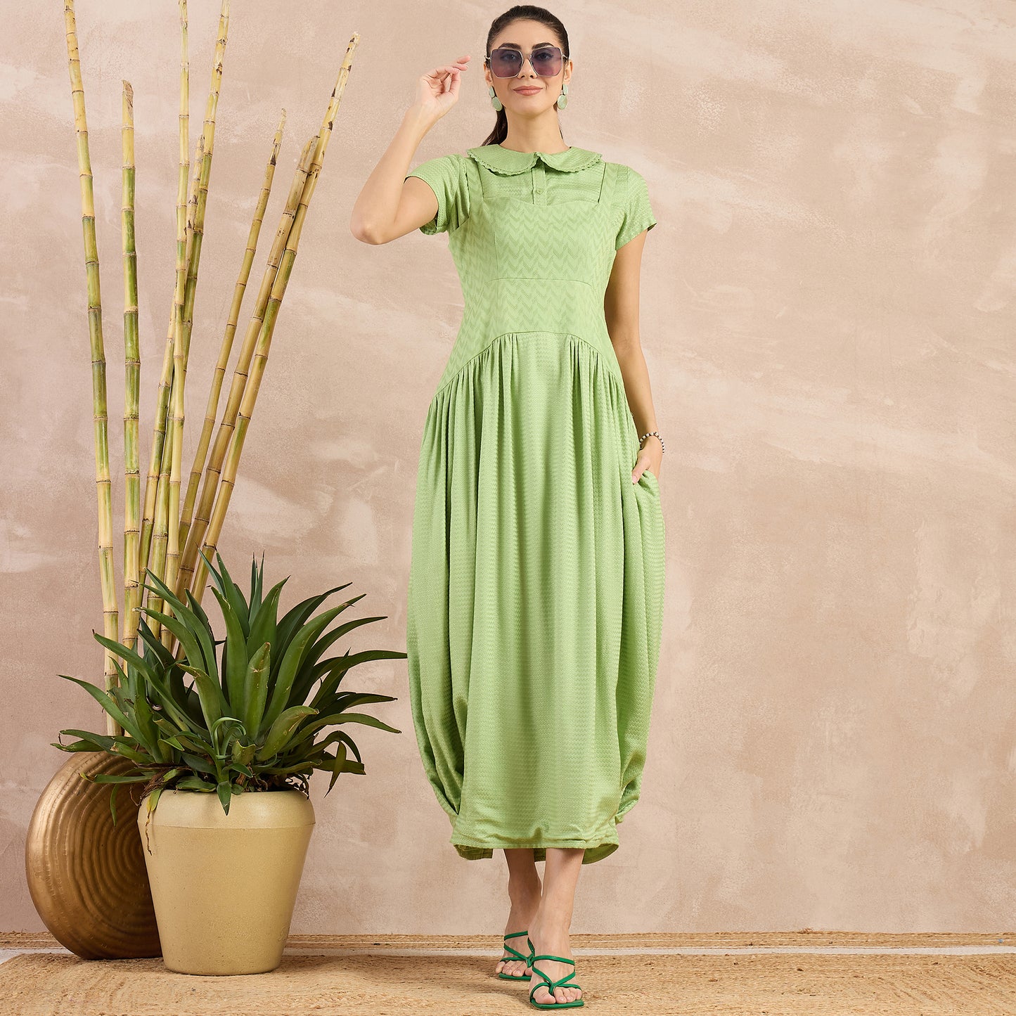 Pastel Green Herringbone Mid Length Dress and Crop Shirt Set