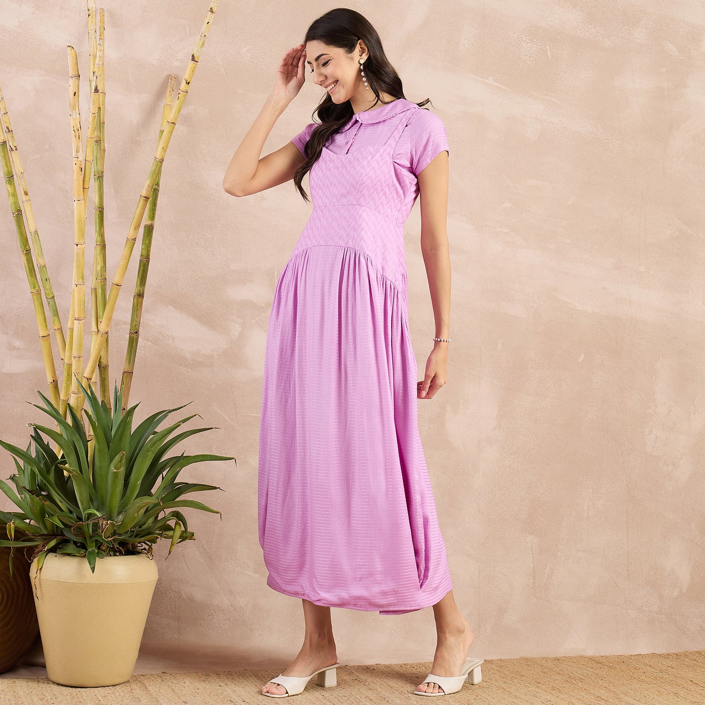 Purple Herringbone Mid Length Dress and Crop Shirt Set