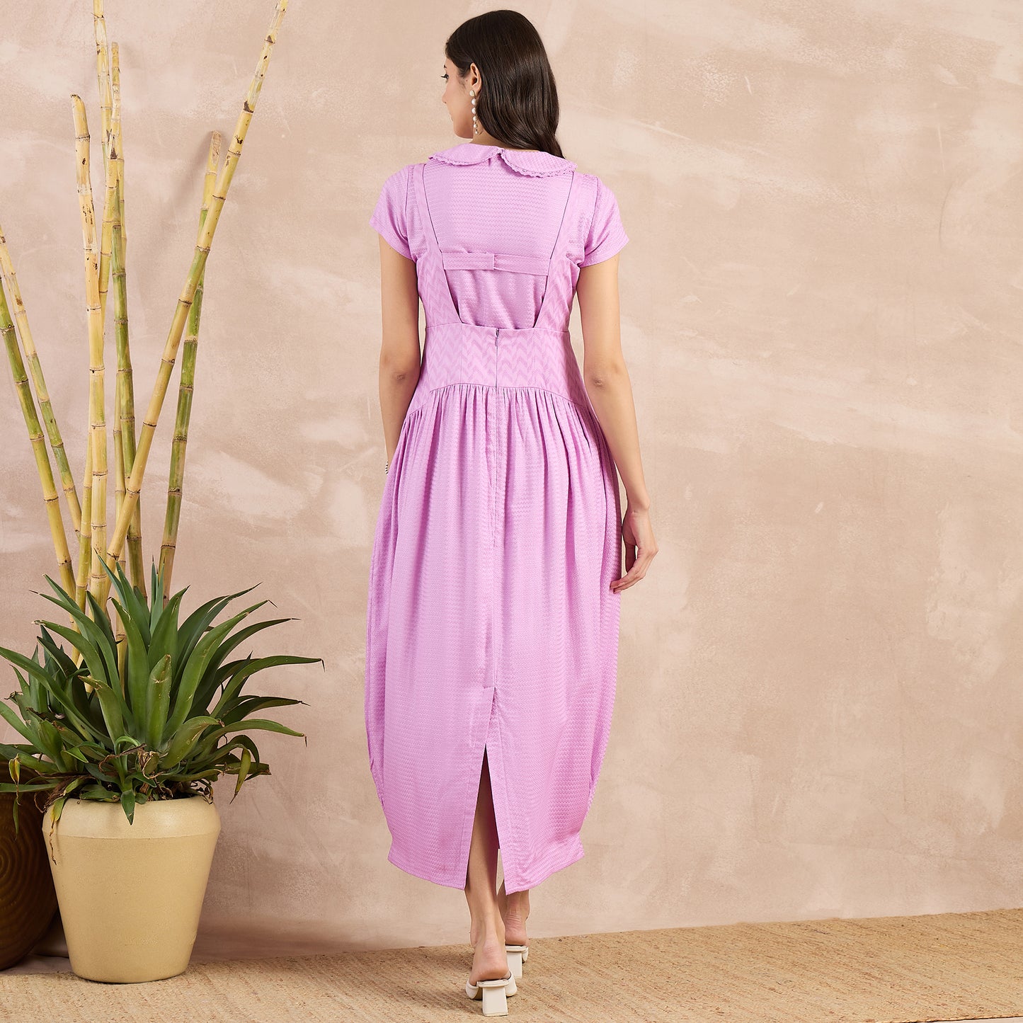 Purple Herringbone Mid Length Dress and Crop Shirt Set