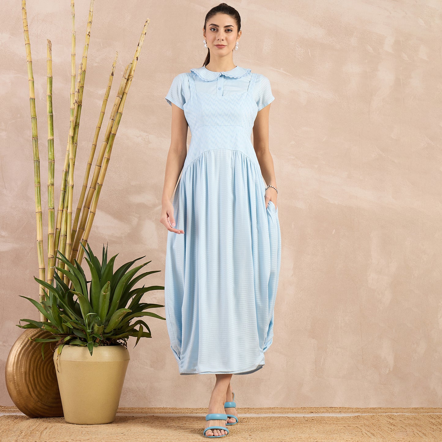 Sky Blue Herringbone Mid Length Dress and Crop Shirt Set