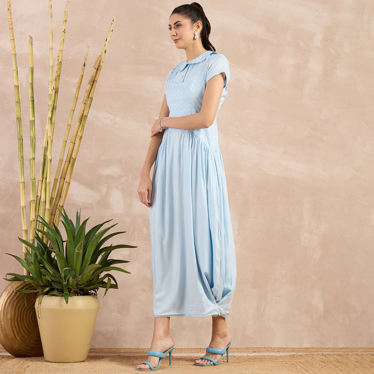 Sky Blue Herringbone Mid Length Dress and Crop Shirt Set