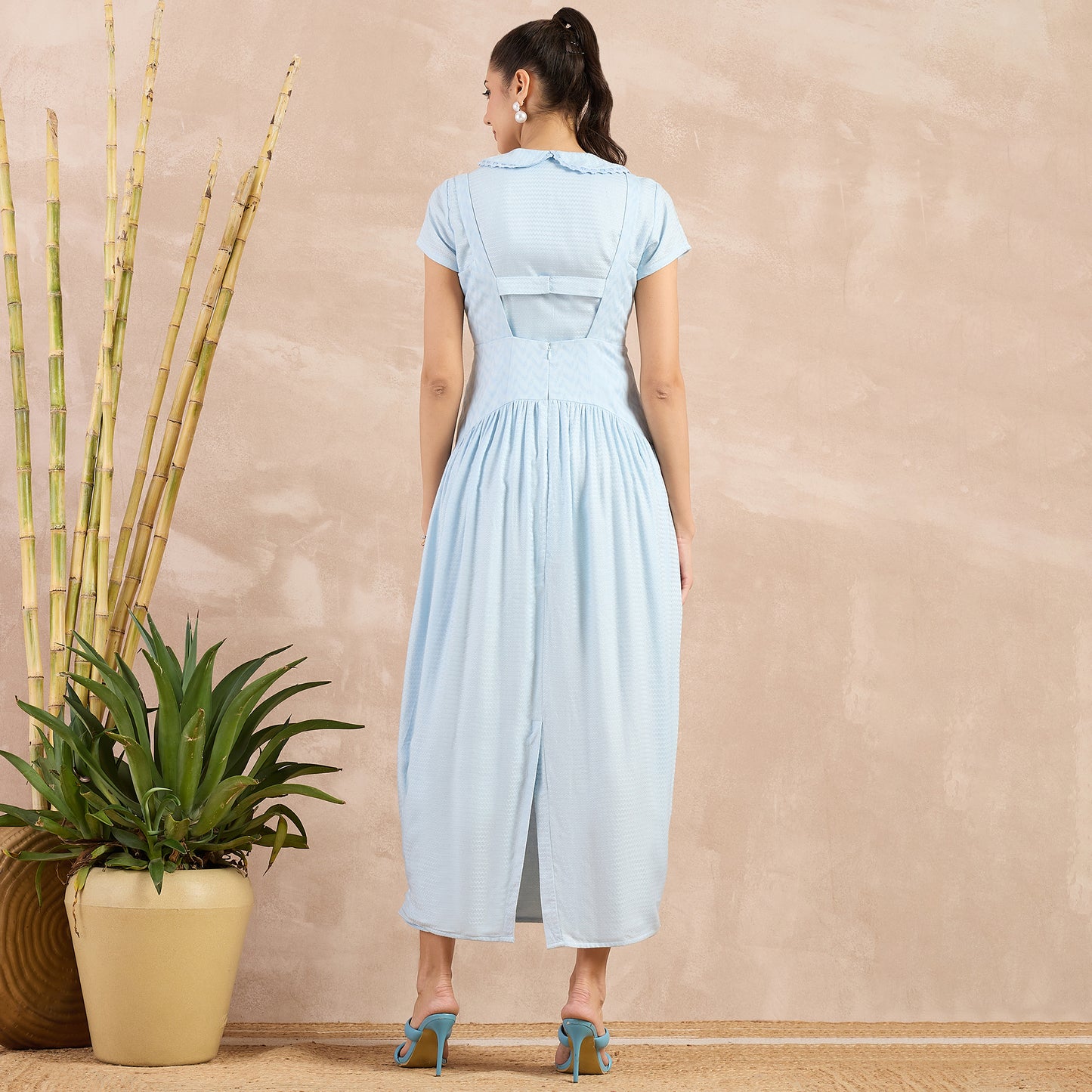 Sky Blue Herringbone Mid Length Dress and Crop Shirt Set