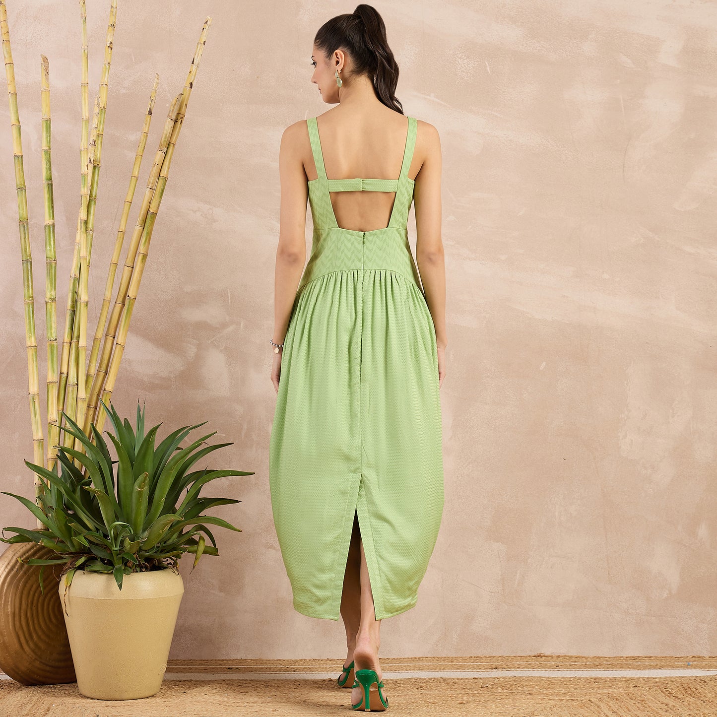 Pastel Green Herringbone Mid Length Dress