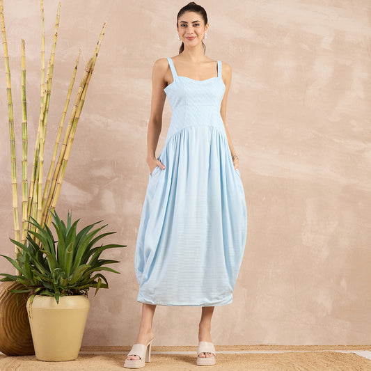 Sky Blue Herringbone Mid Length Dress