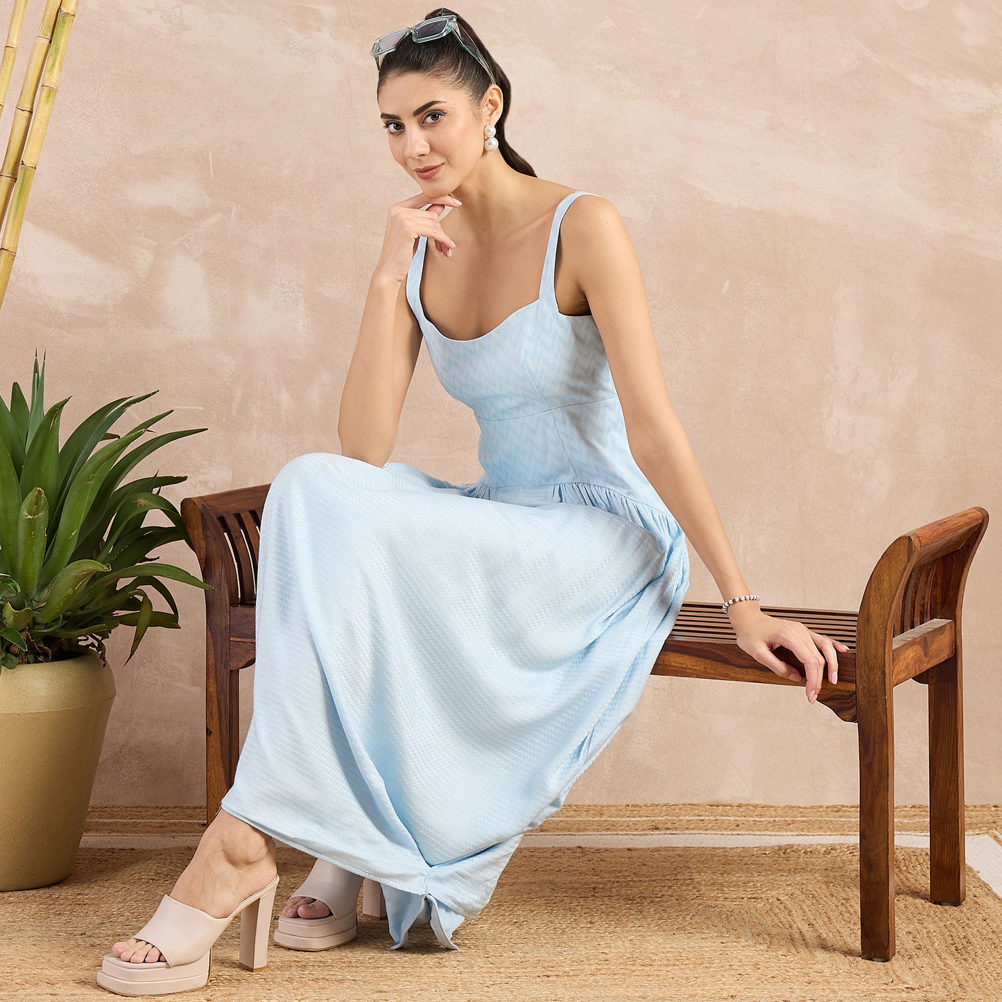 Sky Blue Herringbone Mid Length Dress