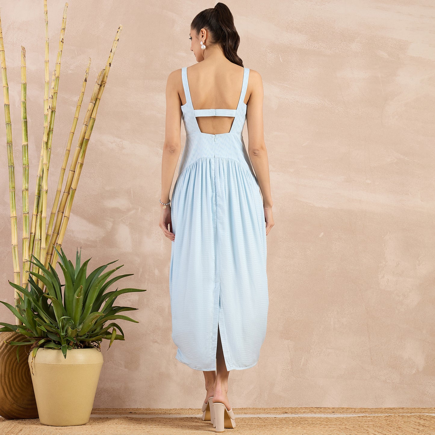 Sky Blue Herringbone Mid Length Dress