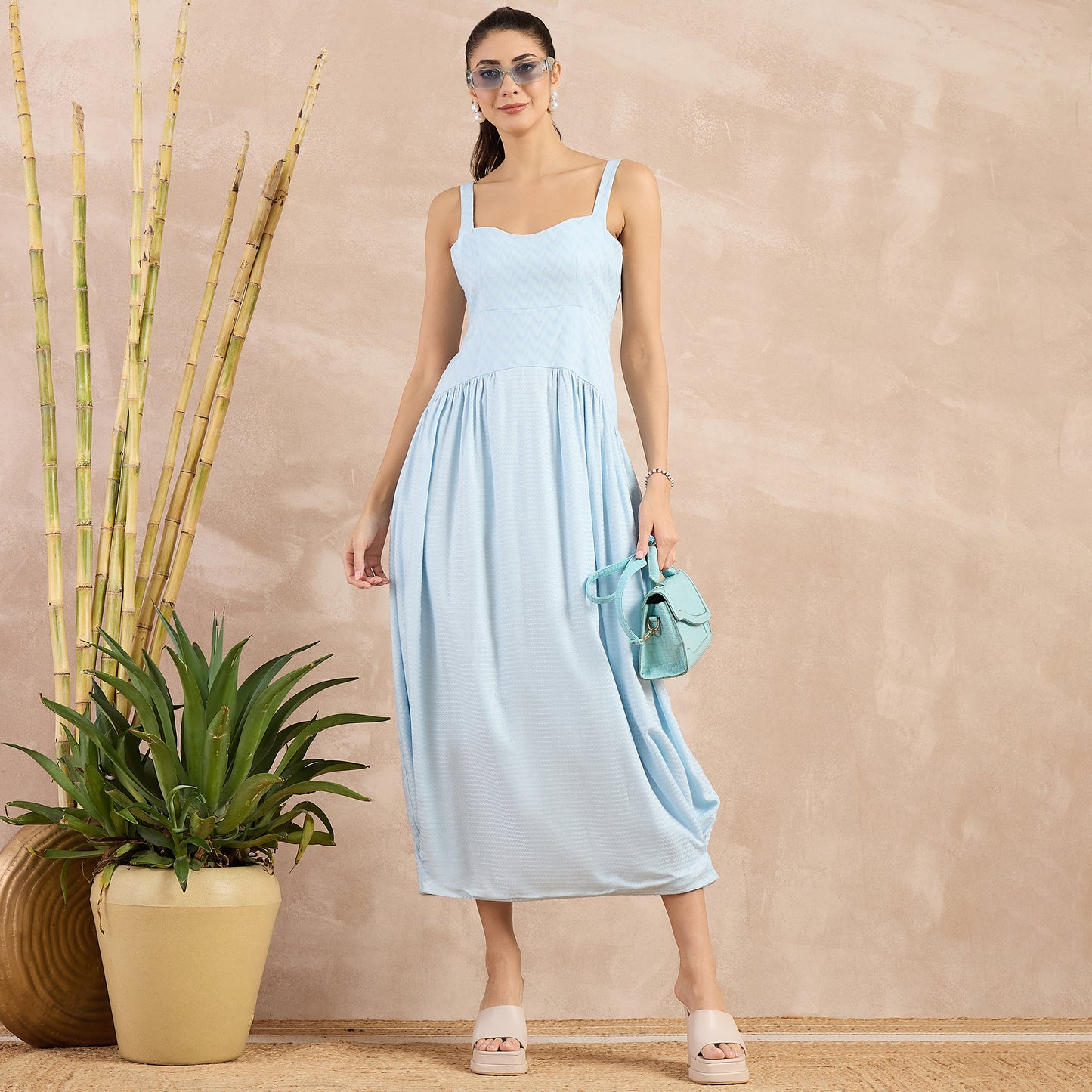 Sky Blue Herringbone Mid Length Dress