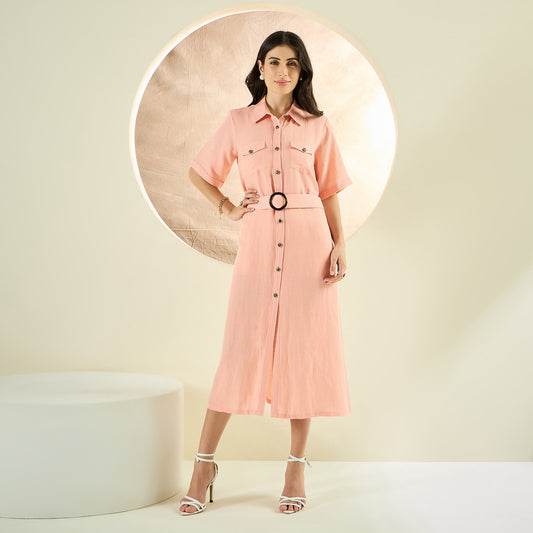 Blush Peach Mid-Length Linen Shirt Dress