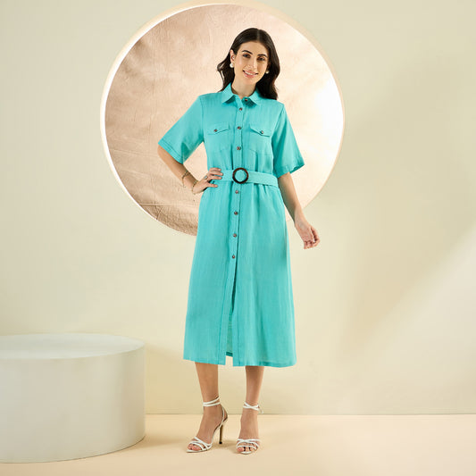 Cyan Mid-Length Linen Shirt Dress