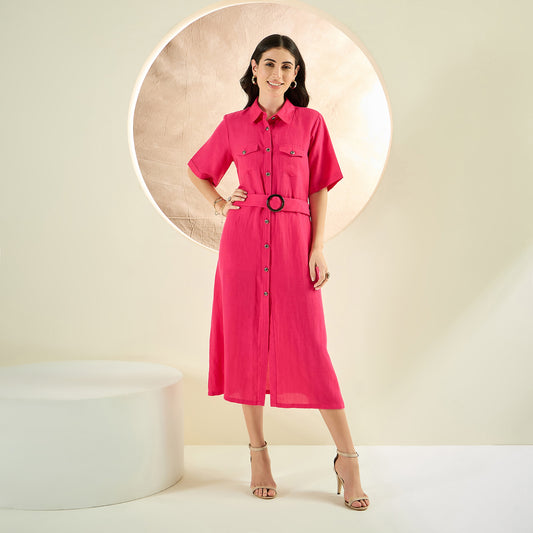 Hot Pink Mid-Length Linen Shirt Dress