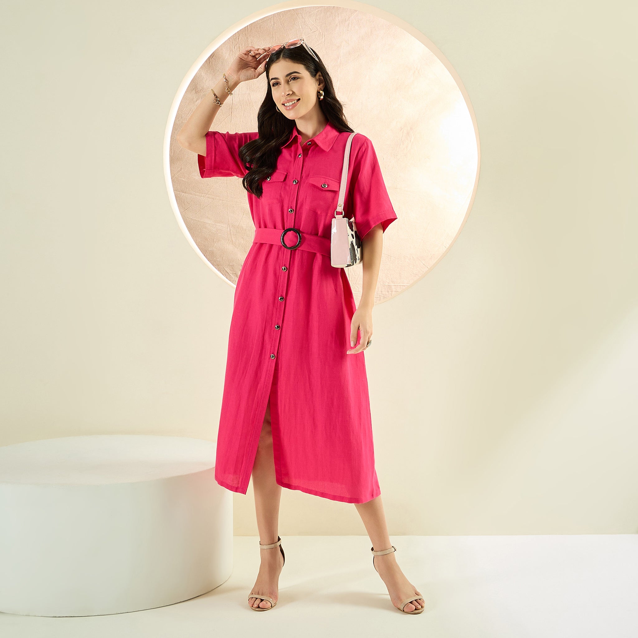 Hot Pink Mid-Length Linen Shirt Dress – First Resort by Ramola Bachchan