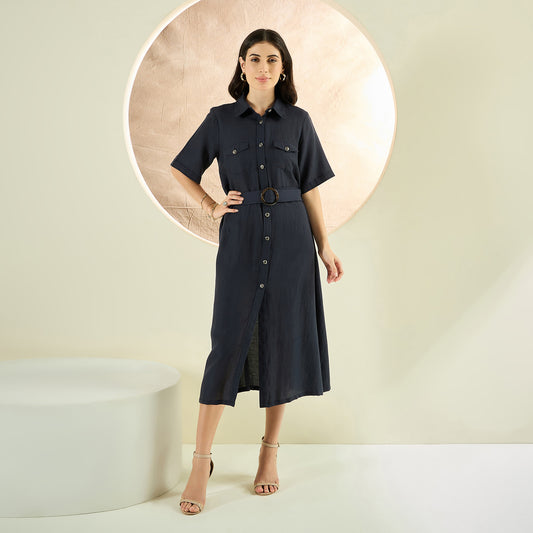 Nearly Black Mid-Length Linen Shirt Dress