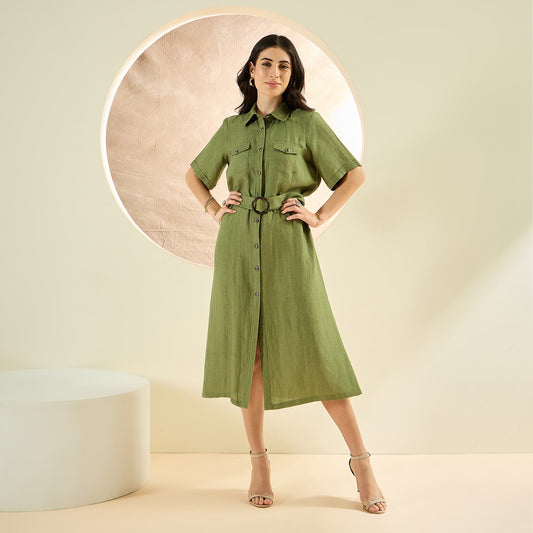 Olive Green Mid-Length Linen Shirt Dress