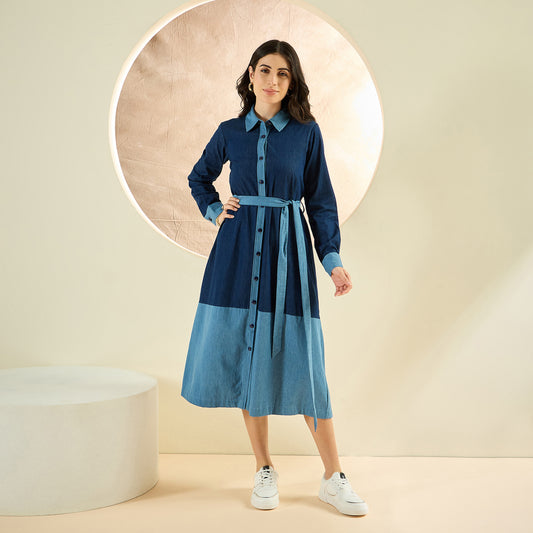 Dark Blue Denim Combo Mid-Length Shirt Dress