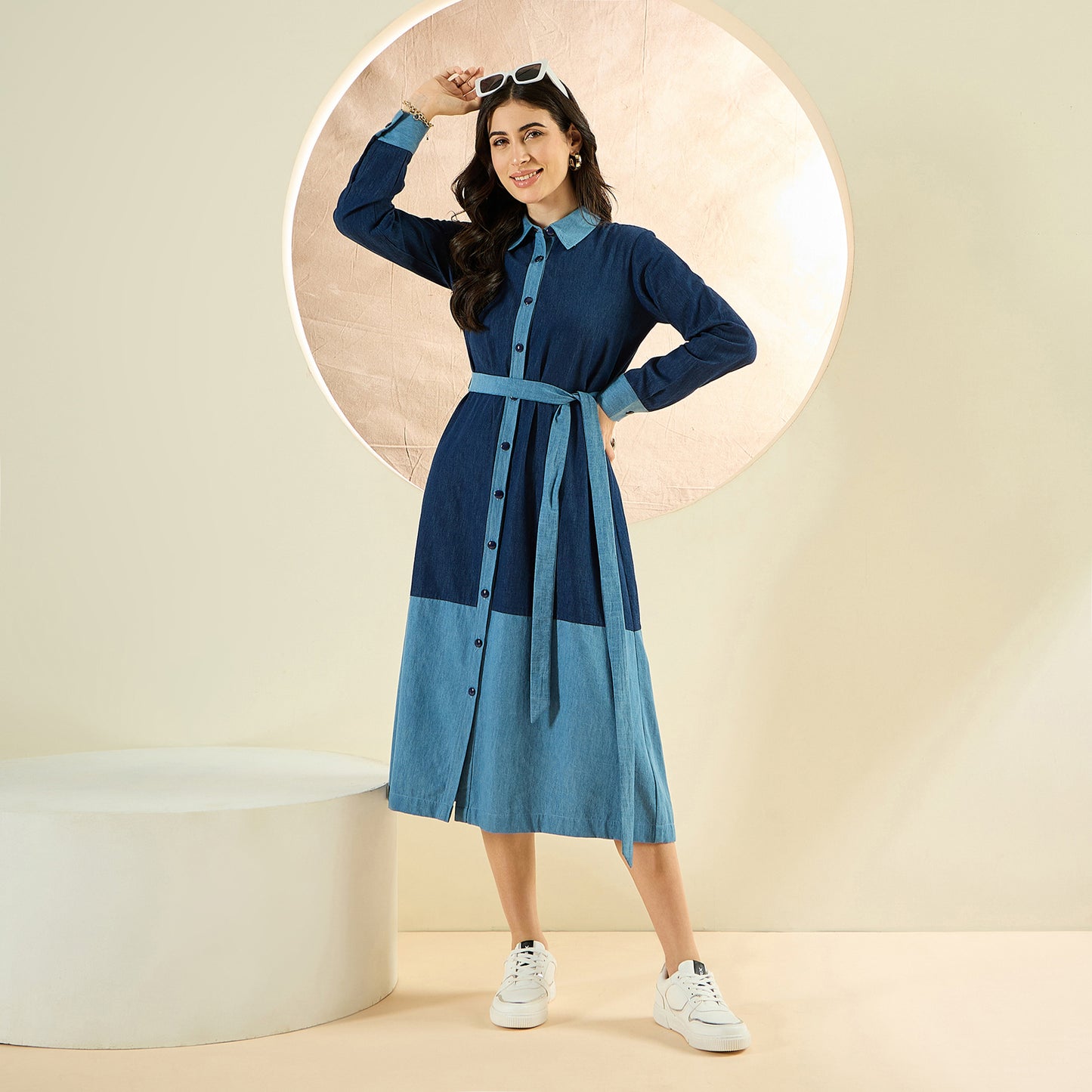 Dark Blue Denim Combo Mid-Length Shirt Dress