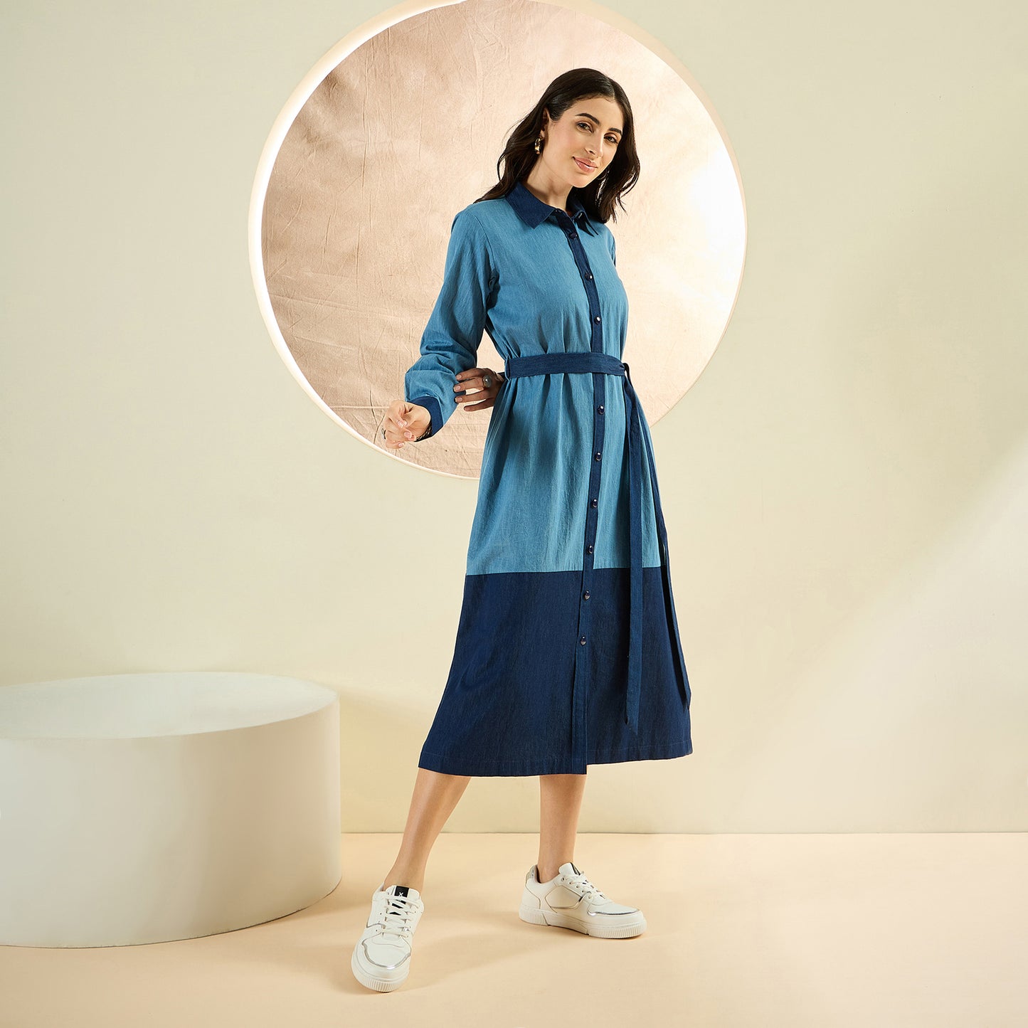 Light Blue Denim Combo Mid-Length Shirt Dress