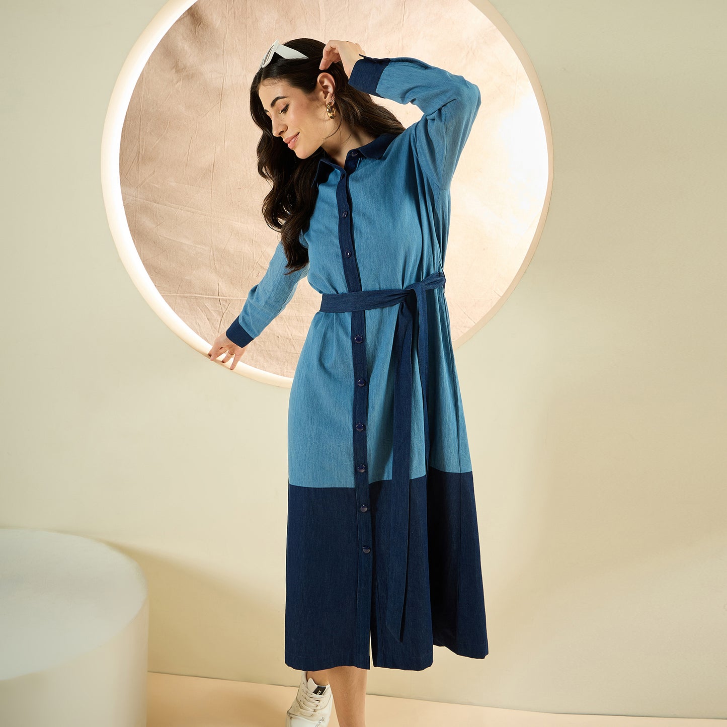 Light Blue Denim Combo Mid-Length Shirt Dress