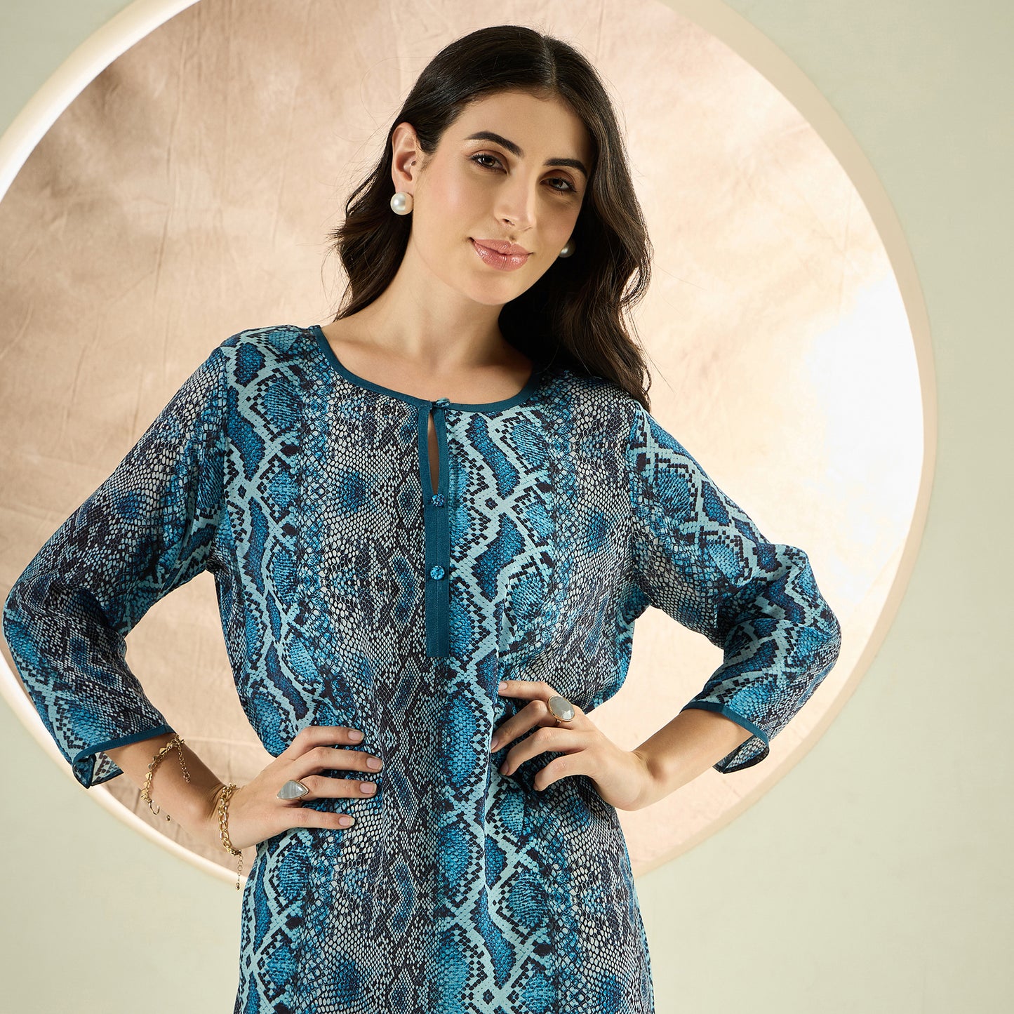 Teal Python Print Slimline Kaftan Dress