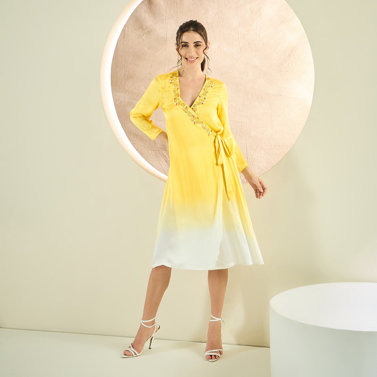 Sunflower Yellow Ombre Hand Embroidered Wrap Satin Dress