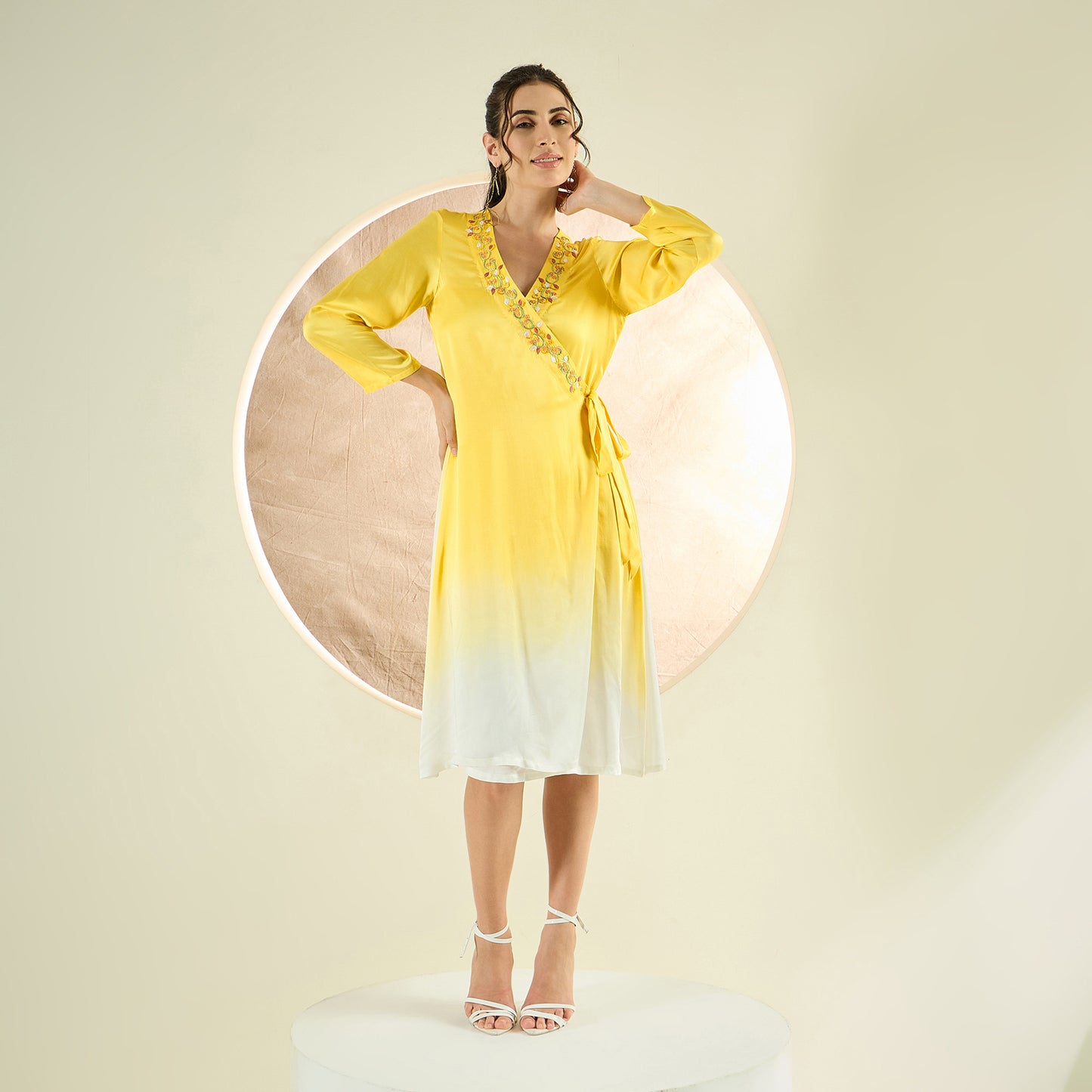 Sunflower Yellow Ombre Hand Embroidered Wrap Satin Dress