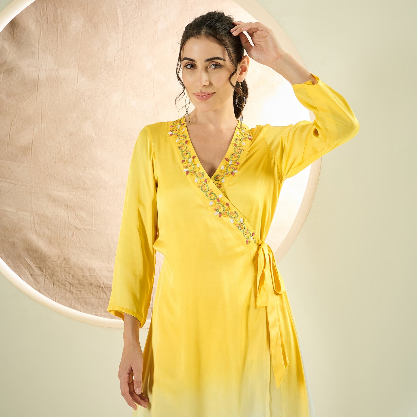 Sunflower Yellow Ombre Hand Embroidered Wrap Satin Dress