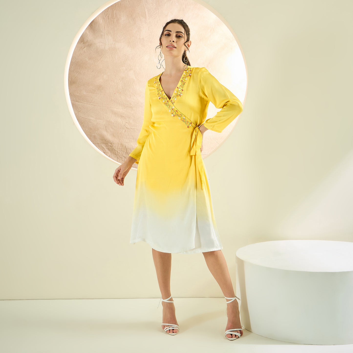 Sunflower Yellow Ombre Hand Embroidered Wrap Satin Dress