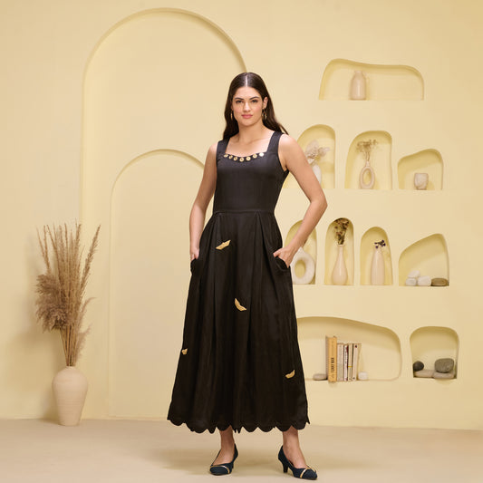 Black and Golden Boat Applique Ankle Length Dress