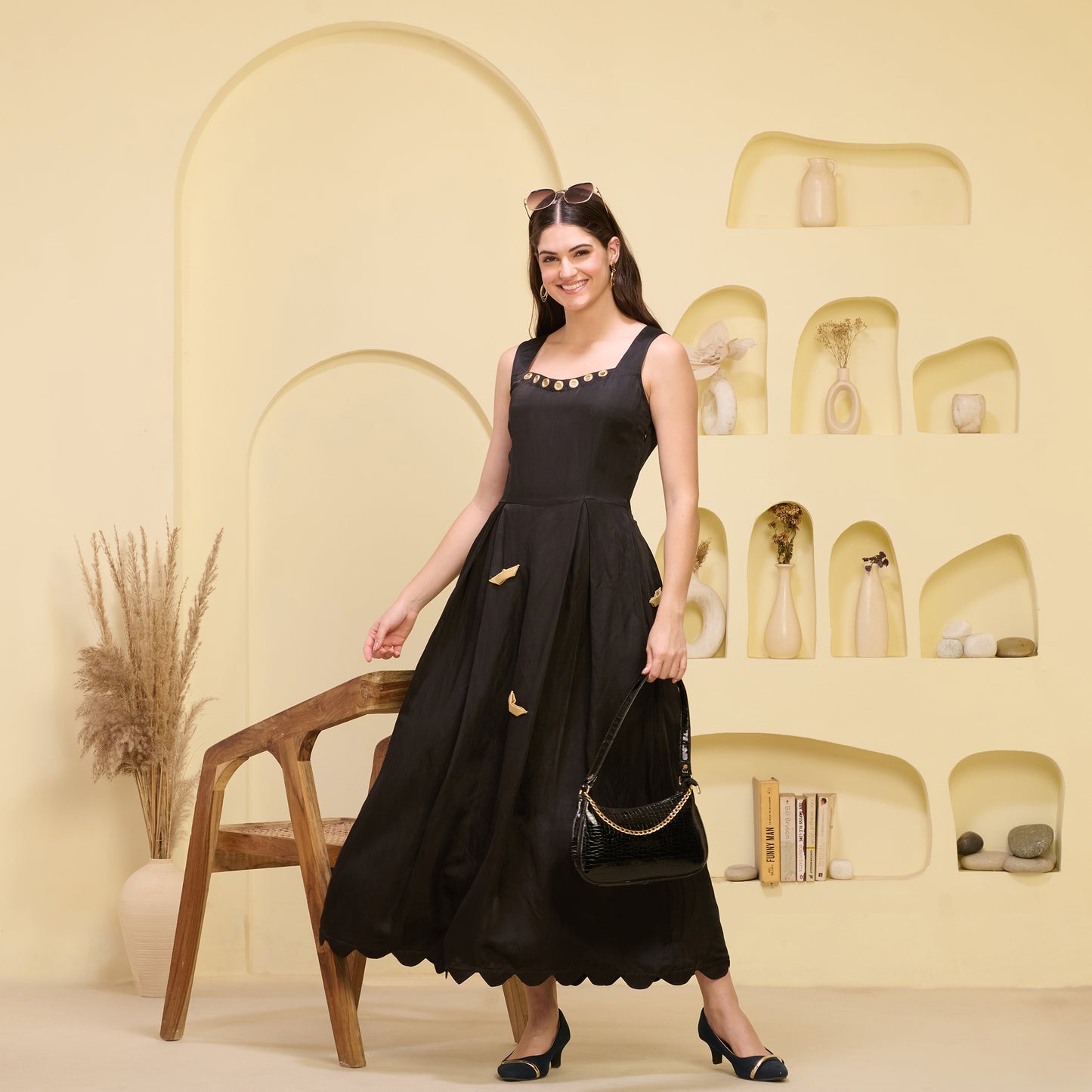 Black and Golden Boat Applique Ankle Length Dress