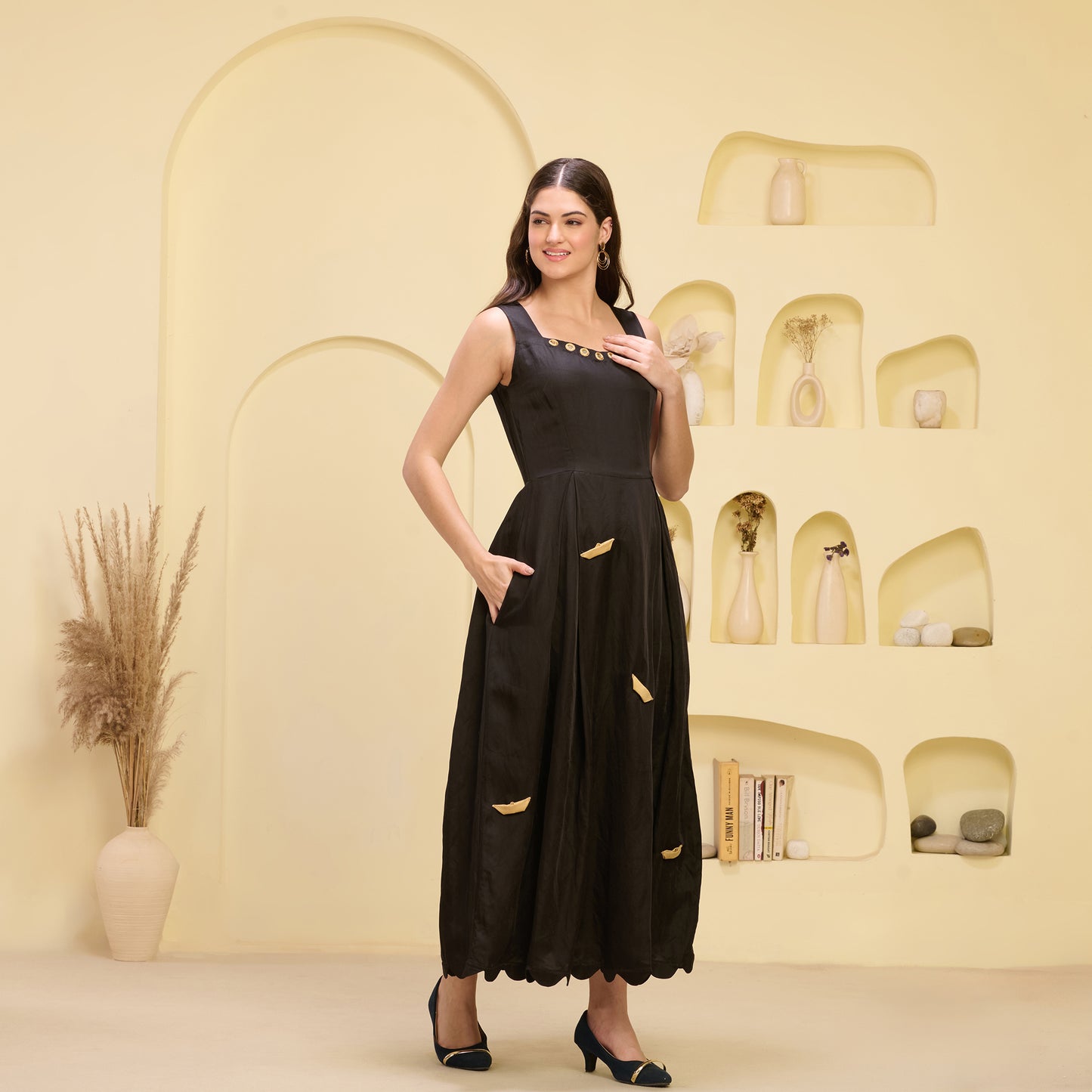 Black and Golden Boat Applique Ankle Length Dress