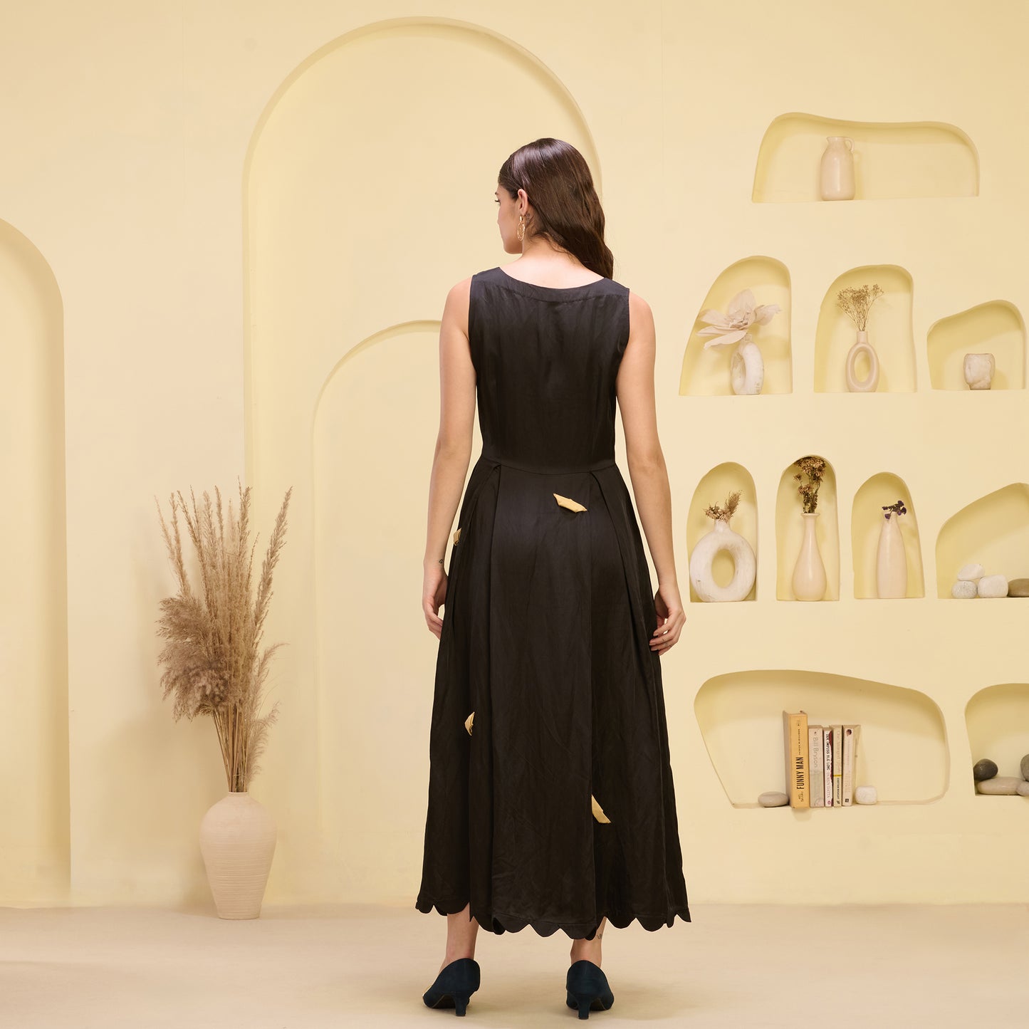 Black and Golden Boat Applique Ankle Length Dress