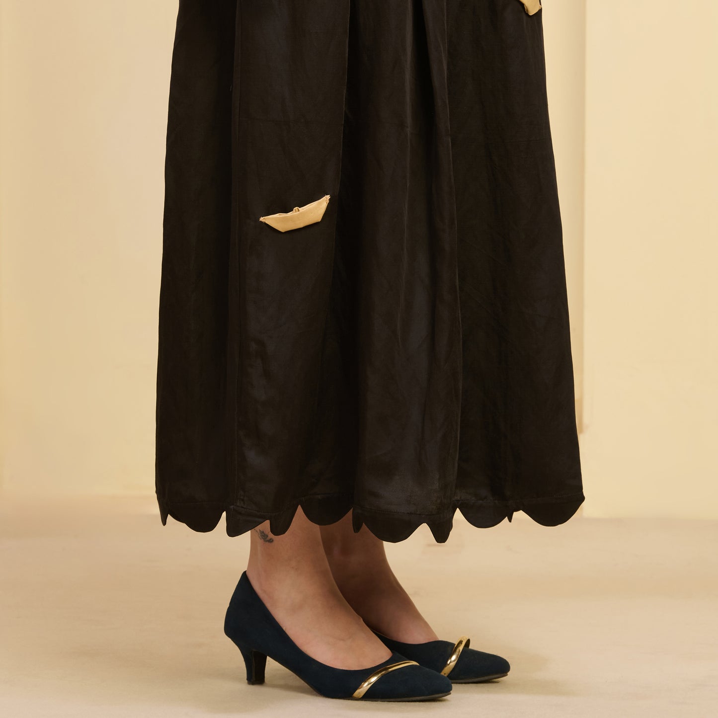 Black and Golden Boat Applique Ankle Length Dress