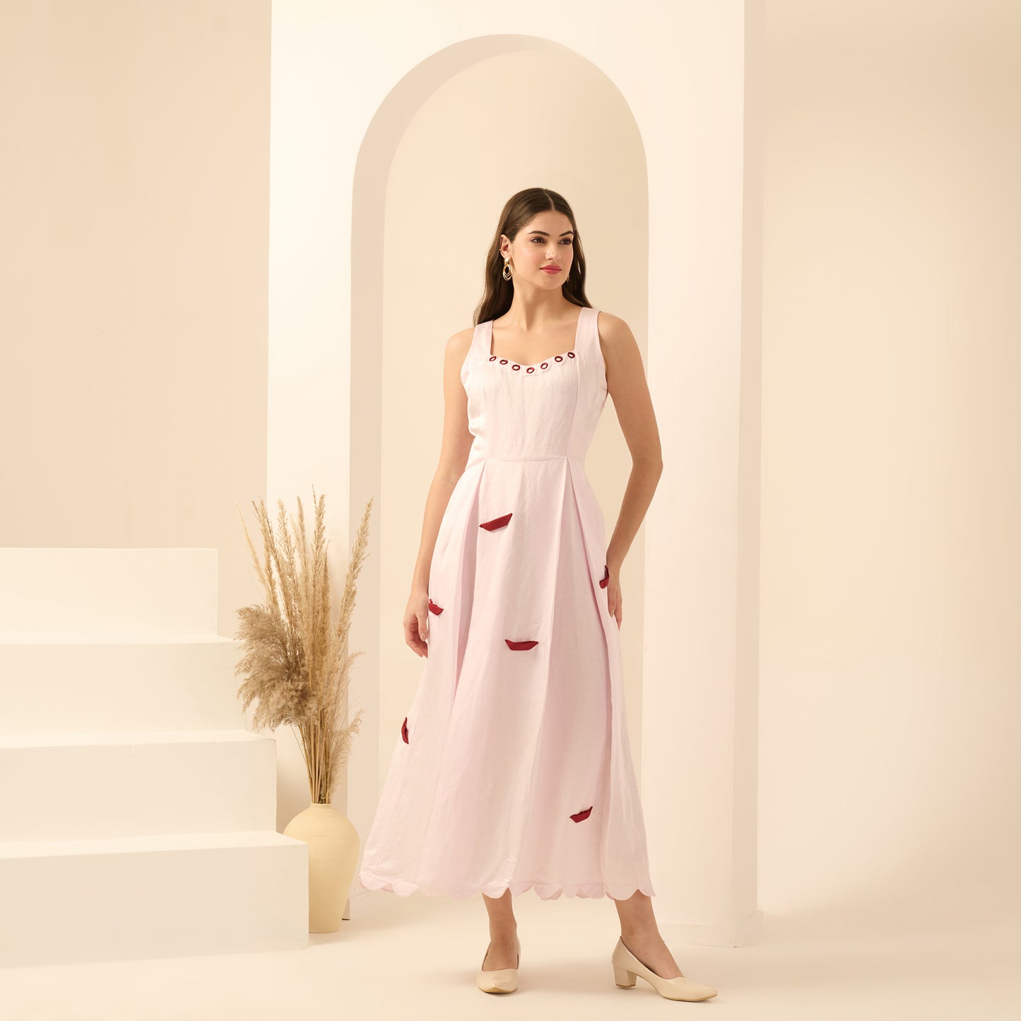 Pink and Red Boat Applique Ankle Length Dress