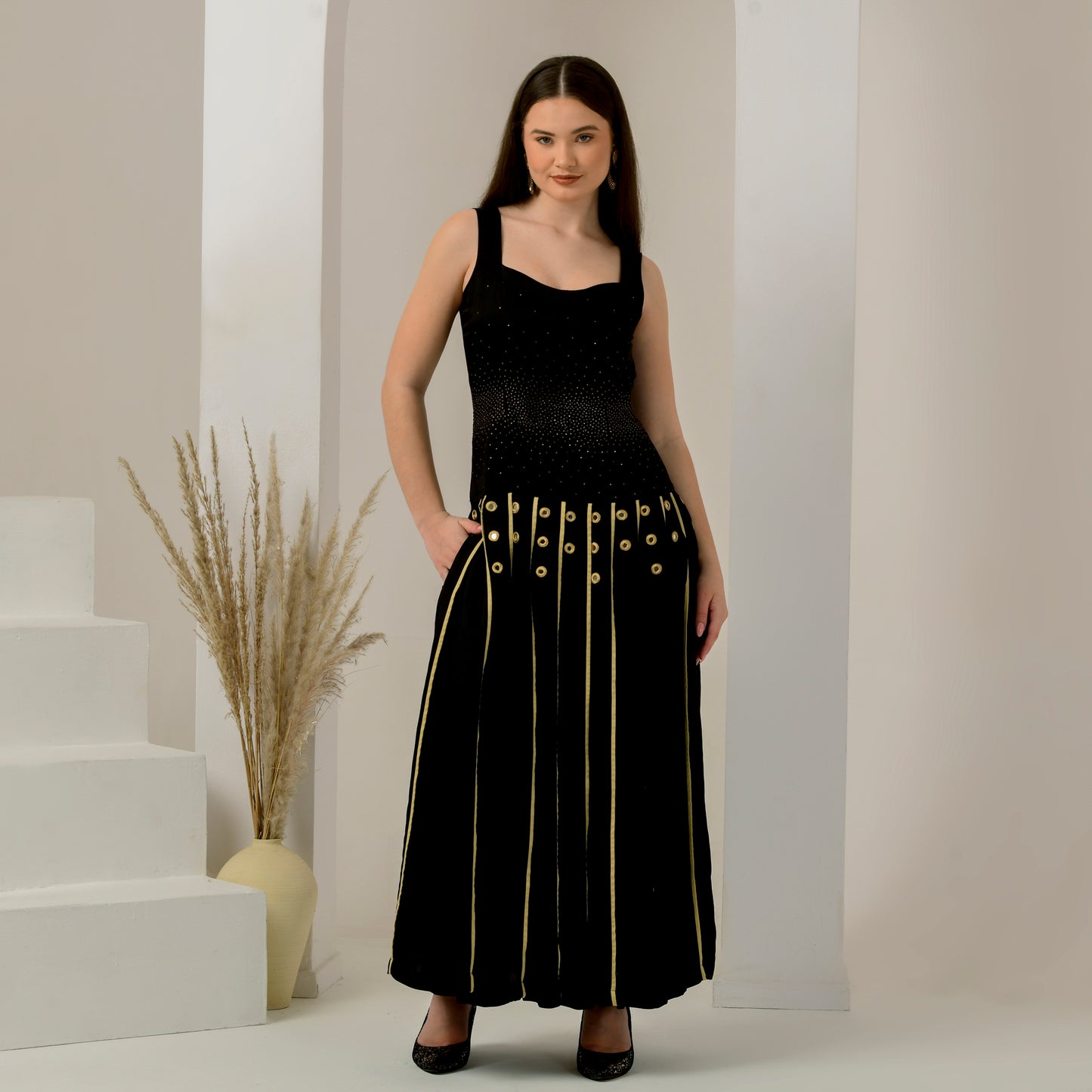 Black and Golden Embellished and Mirror Hand Embroidered Maxi Dress